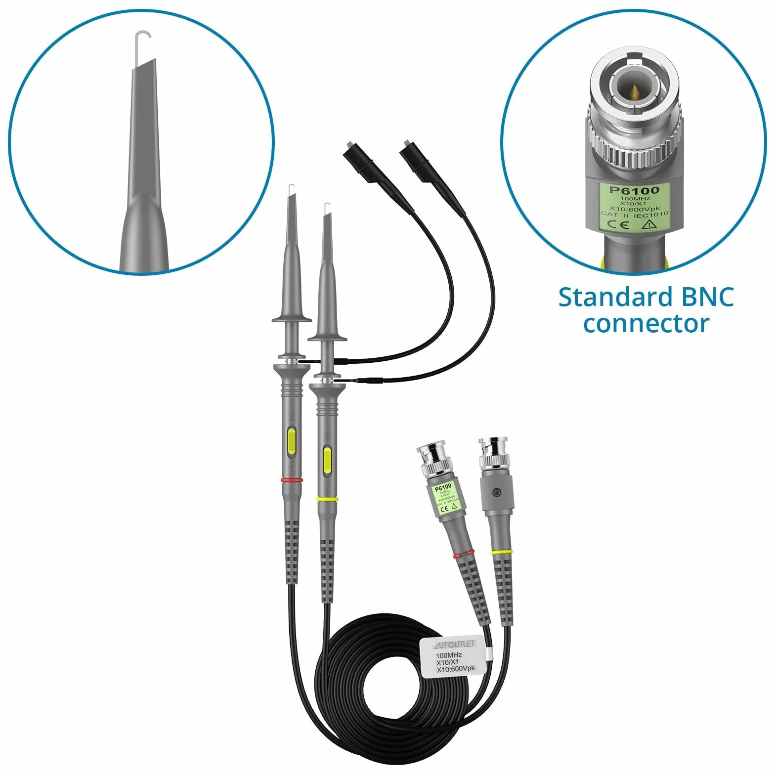 AUTOUTLET 2 zestawy P6100 sondy oscyloskopowe 100MHz z zaciskowanymi sondami BNC do Minigrabber zestaw przewodów testowych 10:1 i 1:1 przełączalna szerokość pasma