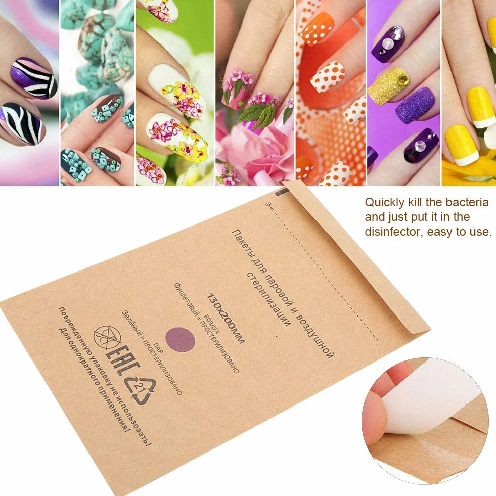 Brrnoo Torby do sterylizacji przyborów do manicure i zdobienia paznokci - 100 szt. Jednorazowych torebek (130 x 200 mm) - Torebka na żel do paznokci Sprzęt do czyszczenia torebek
