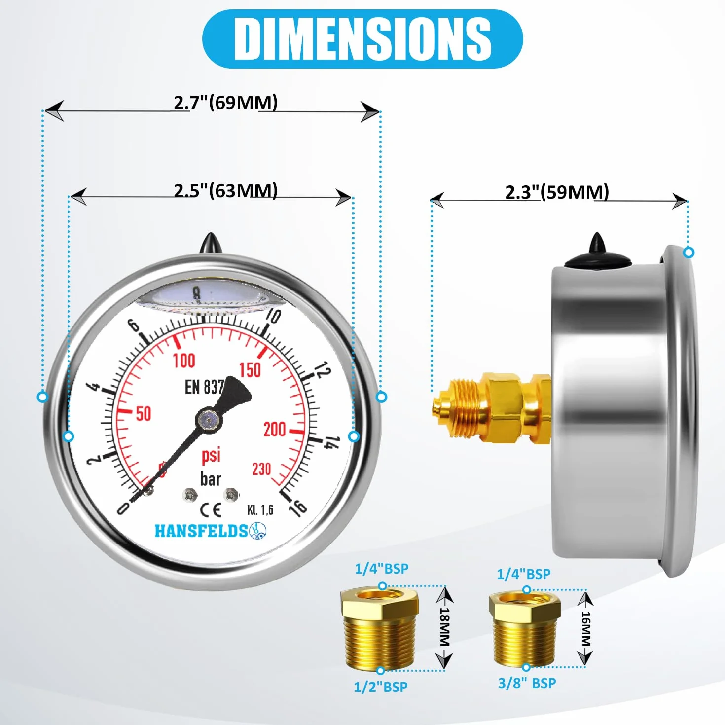 Manometr Hansfelds 0–16 bar/PSI, tarcza 63 mm, tylne przyłącze mosiężne G1/4" BSP, wypełniony cieczą (gliceryną), klasa dokładności 1.6, w zestawie 2 redukcje na 3/8" oraz 1/2".