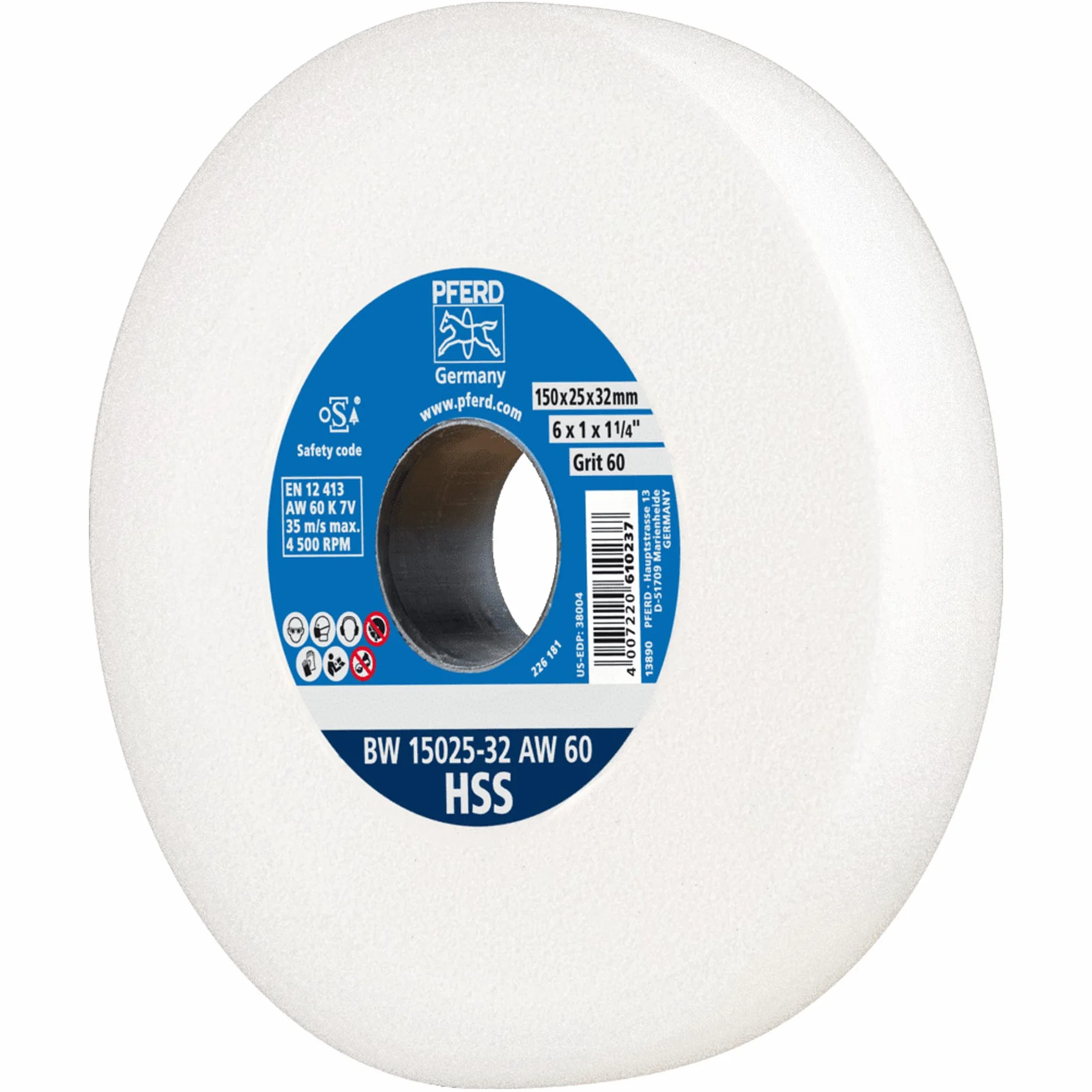 PFERD 39008428 tarcza szlifierska HSS, 150 x 25 x 32 mm, A60, 39008428 – tarcza szlifierska do szlifowania wiertła HSS, z tulejami gradientowymi (25/20/16 mm)