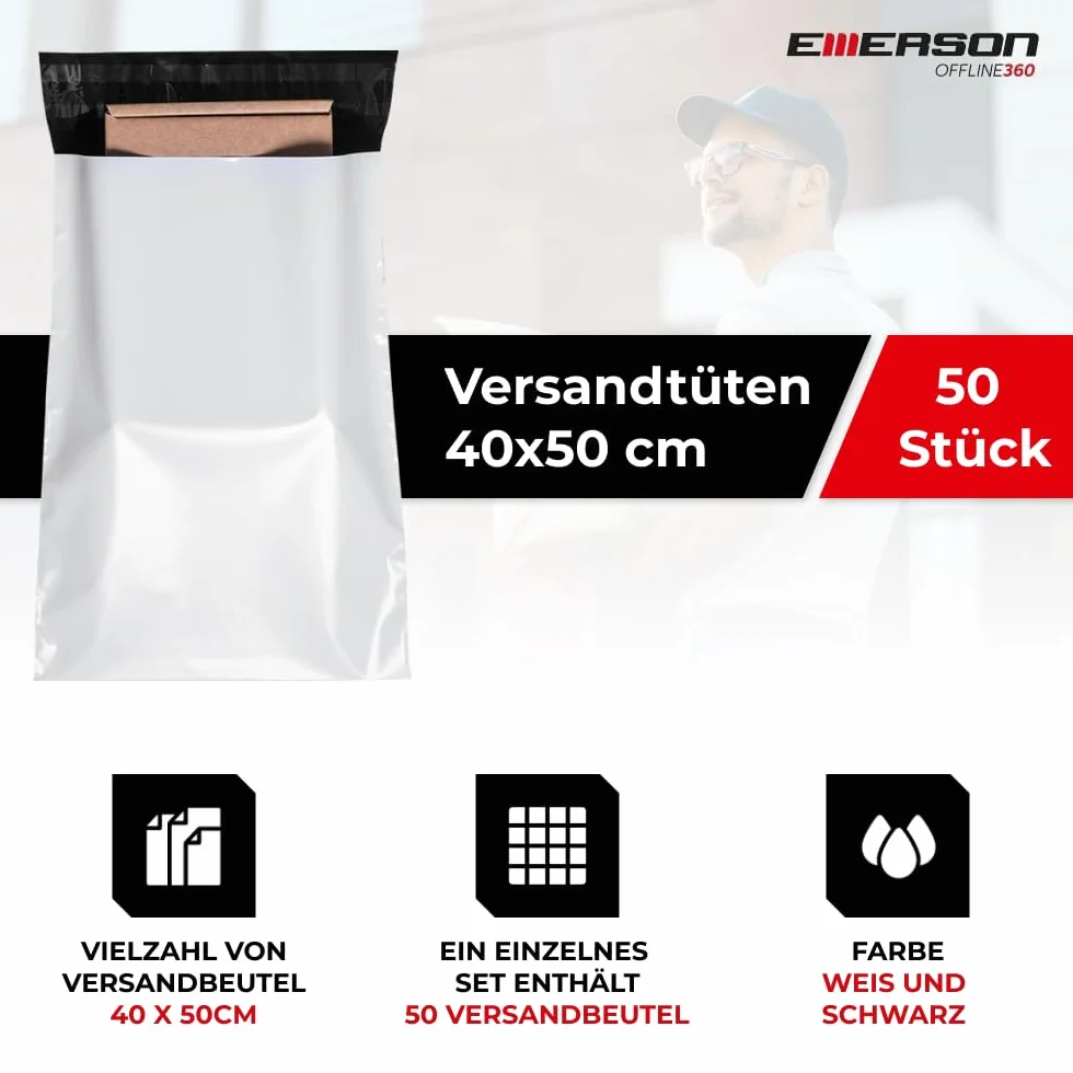 Emerson 50 sztuk plastikowych torebek wysyłkowych 40 x 50 cm | torba wysyłkowa z zamknięciem samoprzylepnym | białe nieprzezroczyste | torebki wysyłkowe na ubrania, artykuły | worki do pakowania
