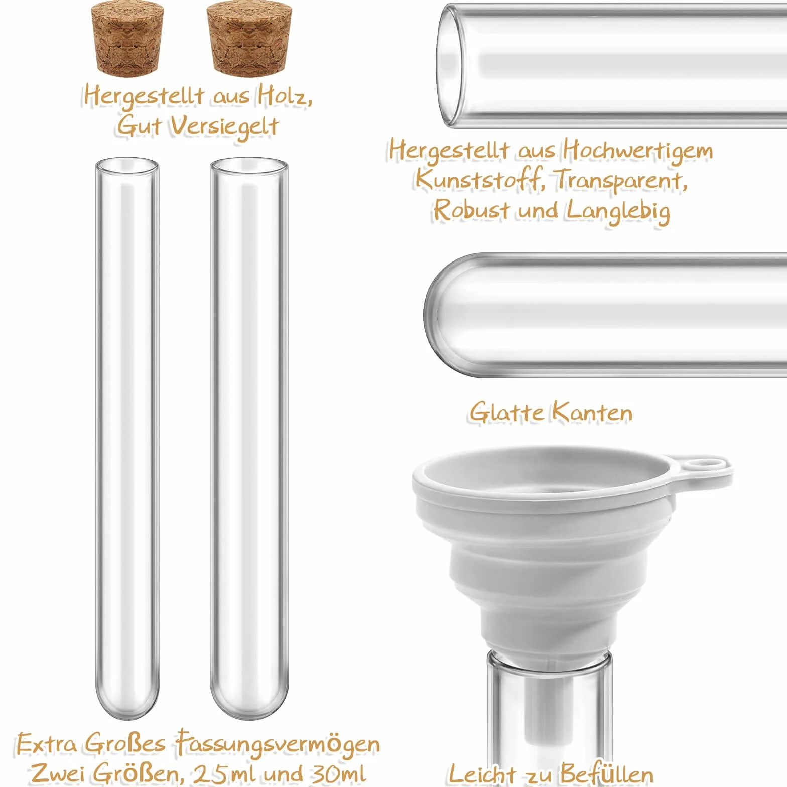 modacraft 50 sztuk dużych probówek z korkiem na słodycze, kwiaty, sól do kąpieli, prezenty dla gości weselnych, 25 szt. 30 ml i 25 szt. 25 ml, tworzywo sztuczne, probówka, 60 szt., zawieszka 20 m sznurek jutowy lejek