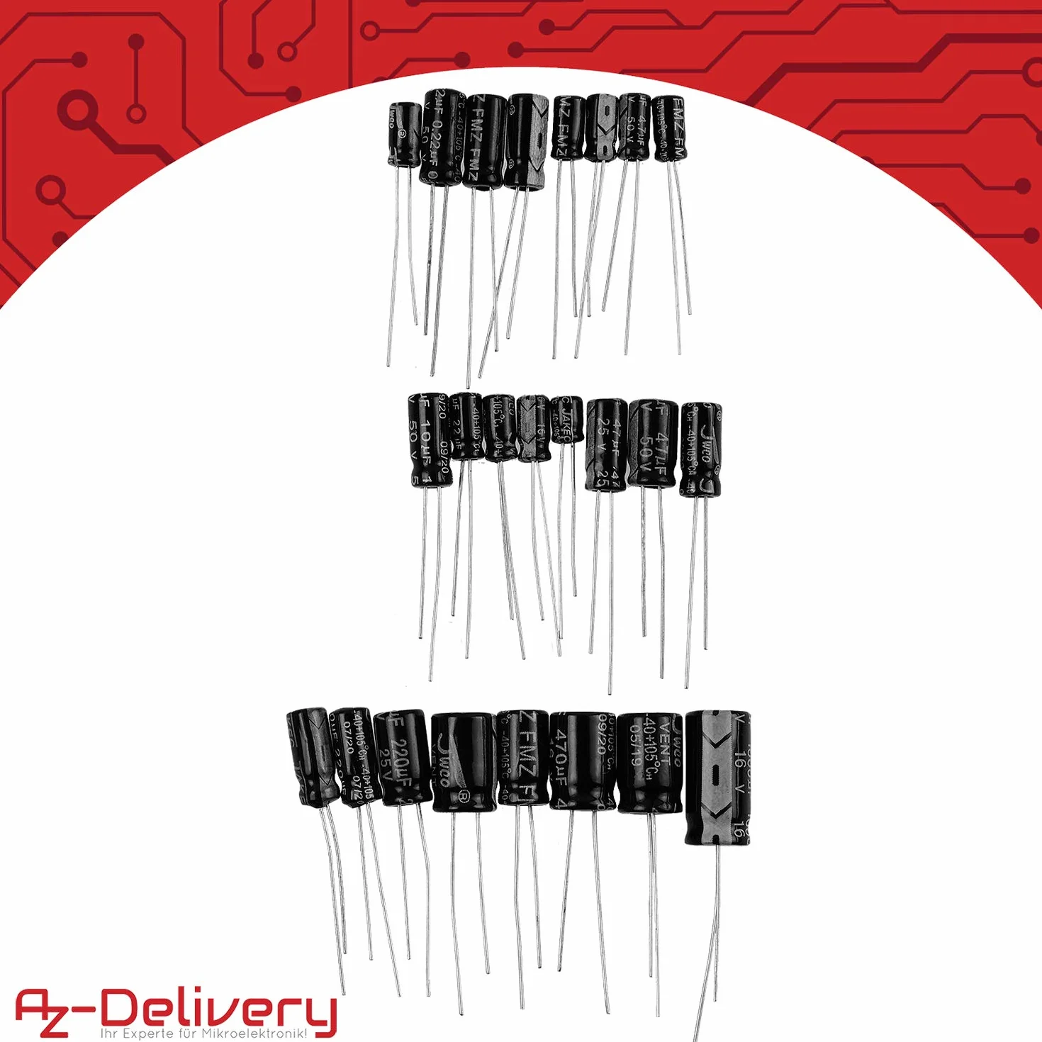 AZDelivery Asortyment ElKo kondensator elektrolityczny aluminiowy 24 wartości 500 sztuk 0.1uF - 1000uF ze skrzynką do przechowywania kompatybilny z Arduino i E-book w zestawie!