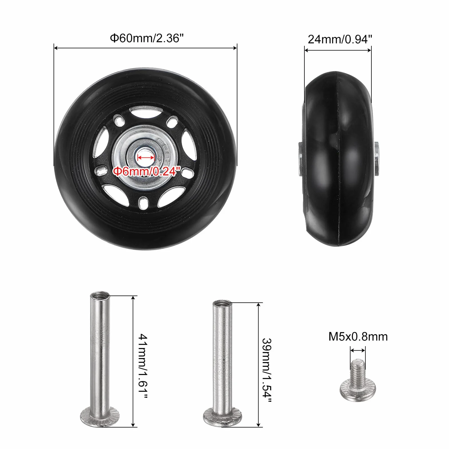 QUARKZMAN Zapasowe koła bagażowe, 60 x 24 mm, zestaw naprawczy do kół walizkowych zawiera 4 kółka łożyskowe PU i podkładki, klucz płaski i śrubę osi do torby na kółkach