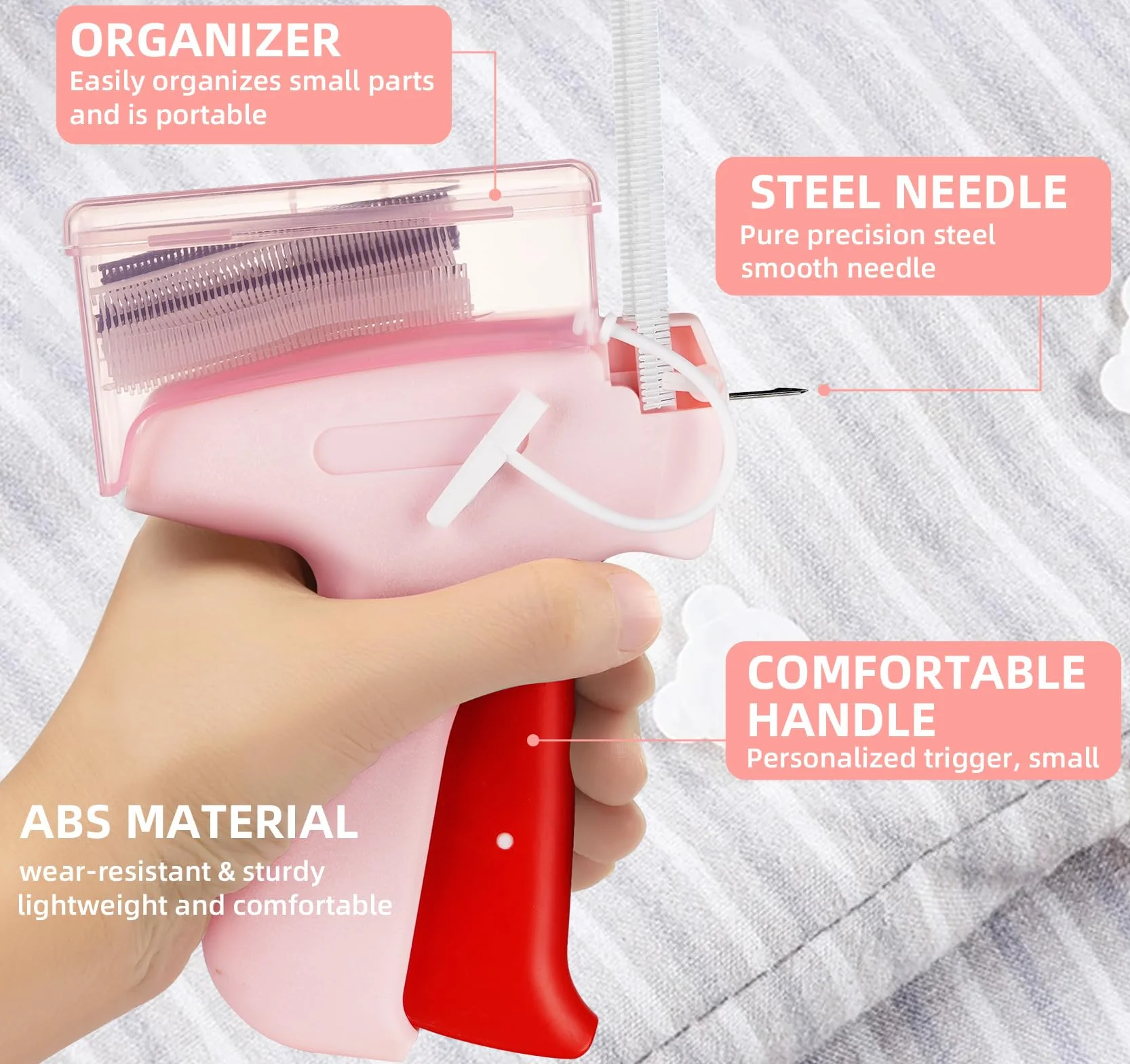 Stitchy Quick Clothing Fixer Mini Piston z 5 igłami, 3000 plastikowych igieł, różowy