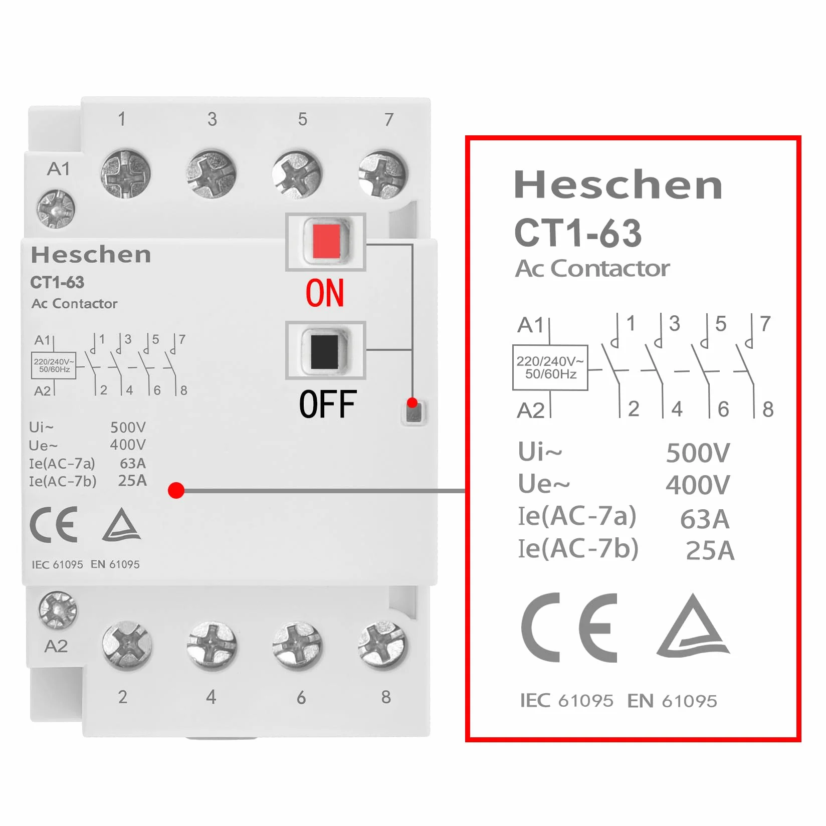 Heschen Stycznik prądu przemiennego do użytku domowego, CT1-63, 4-biegunowy, cztery normalnie otwarte, AC 220 V/240 V, napięcie cewki 35 mm do montażu na szynie DIN