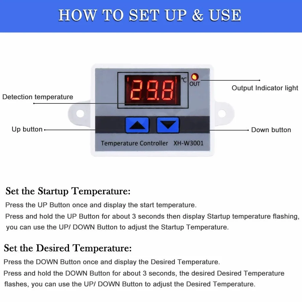 zalati Cyfrowy moduł regulatora temperatury LED XH-W3001 elektroniczny przełącznik termostatu z wodoodporną sondą programowalne chłodzenie grzewcze, 12 V 120 W