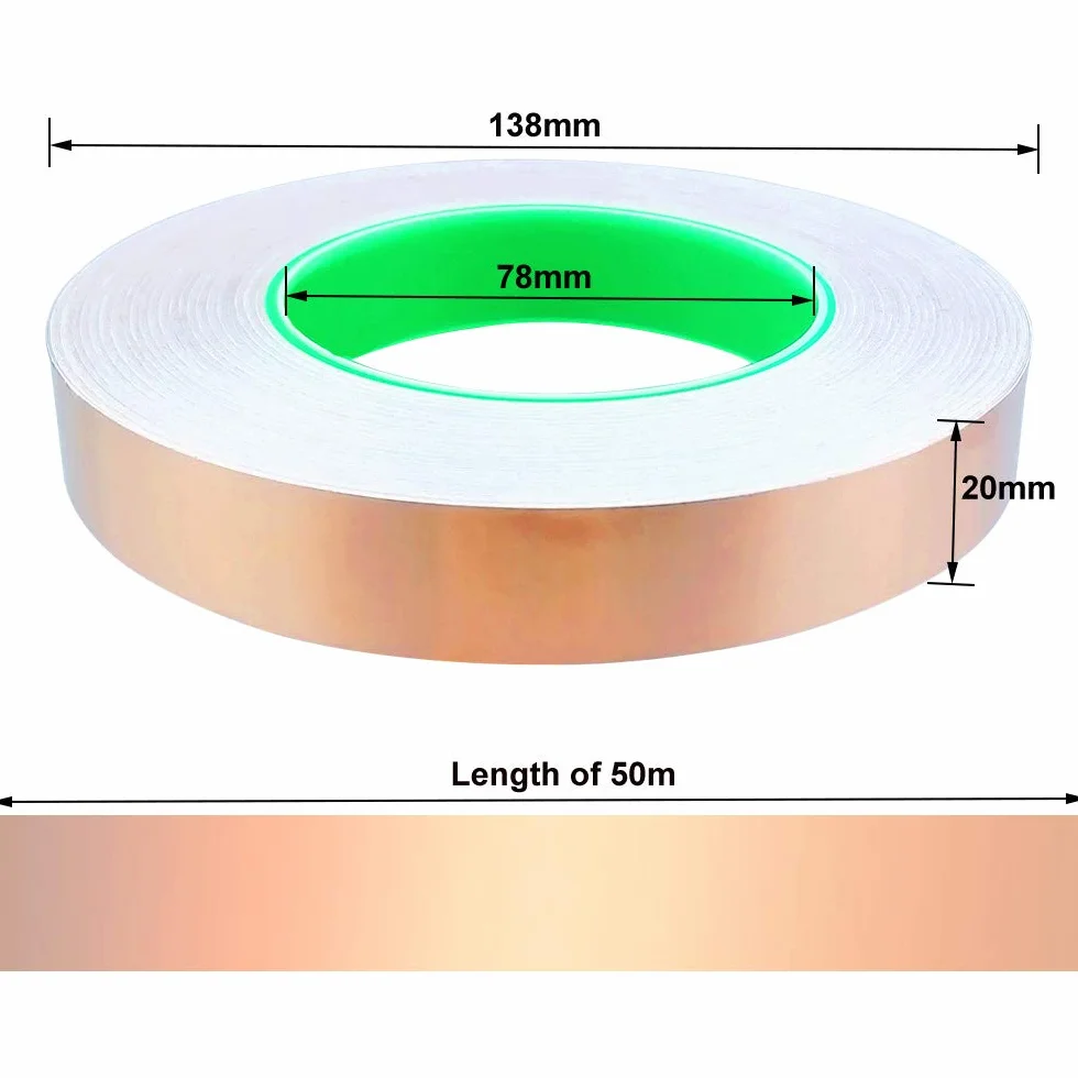 Premium Taśma z Folii Miedzianej, 50 m x 20 mm, EMI, Samoprzylepna, Podwójna Przewodząca Taśma Miedziana