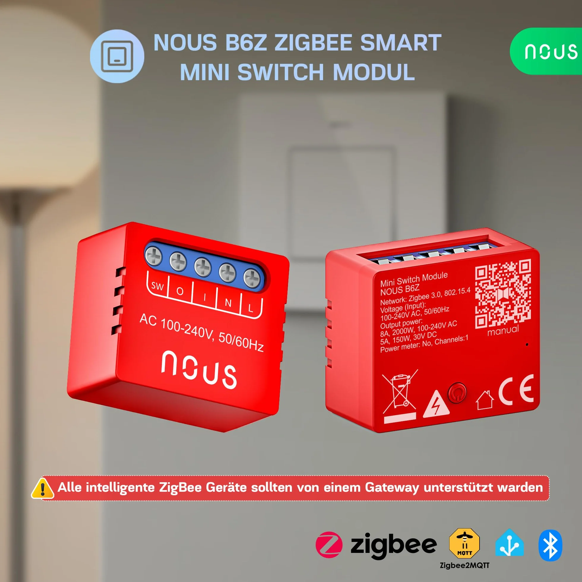 NOUS B6Z ZigBee Mini Smart Switch moduł – 1-kanałowy podtynkowy moduł przełączający, ZigBee 3.0, 100–240 V, 2000 W, do Alexa, Google Assistant, SmartThings, Gateway, 2 sztuki w opakowaniu