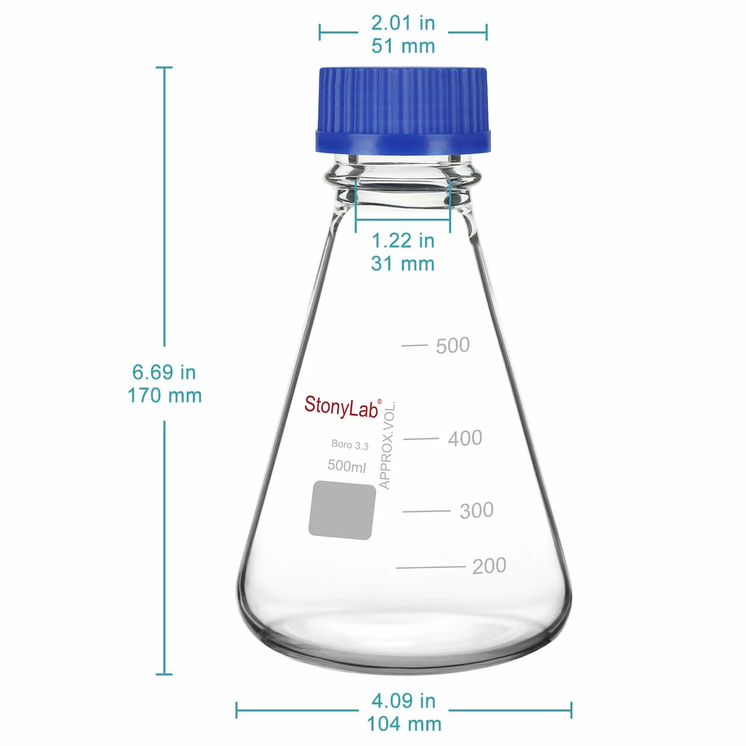stonylab kolba Erlenmeyer z niebieską zakrętką, fazowana kolba laboratoryjna ze szkła borokrzemowego z podziałką, 500 ml
