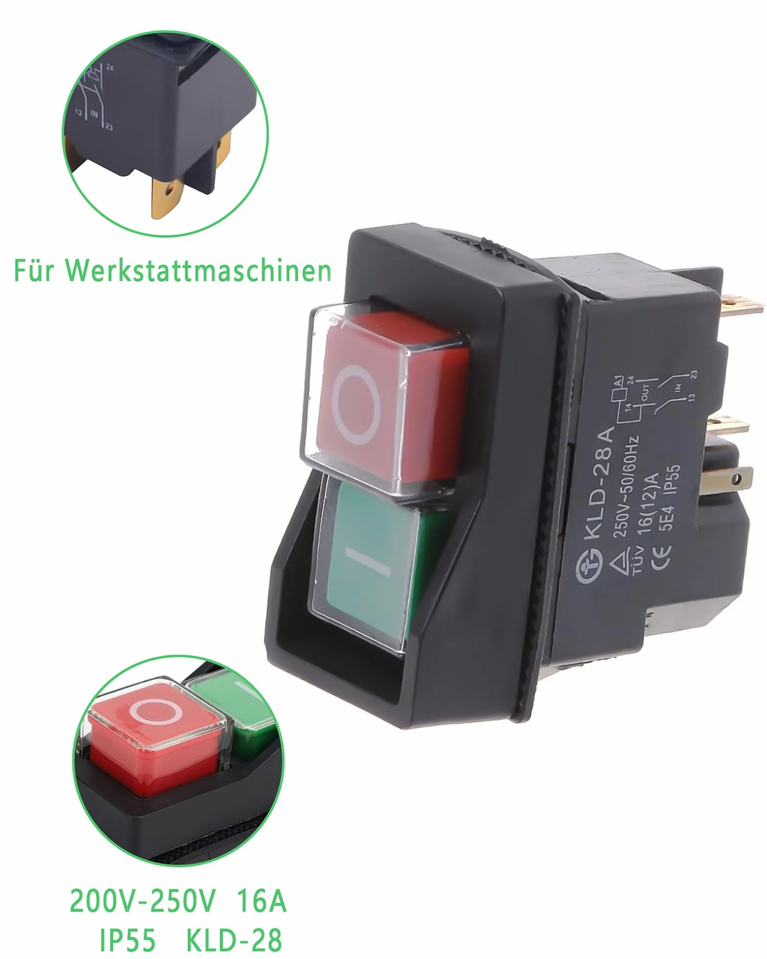 Przełącznik elektromagnetyczny 250 V, 16 A: przełącznik maszynowy, przełącznik przyciskowy, wyłącznik ochronny silnika do betoniarek i maszyn warsztatowych (4 piny)