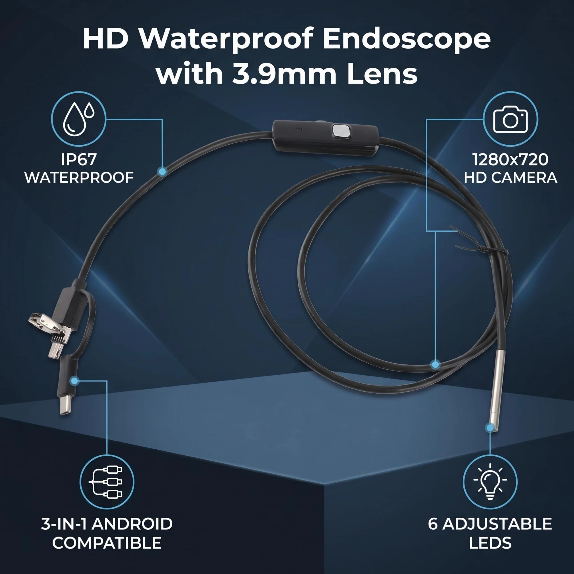 Endoskop 3 w 1, kamera endoskopowa, wodoszczelna kamera typu C, USB endoskop do telefonów z systemem Android, obiektyw 3,9 mm, wodoszczelna kamera endoskopowa, 1280 x 720 (1 m)