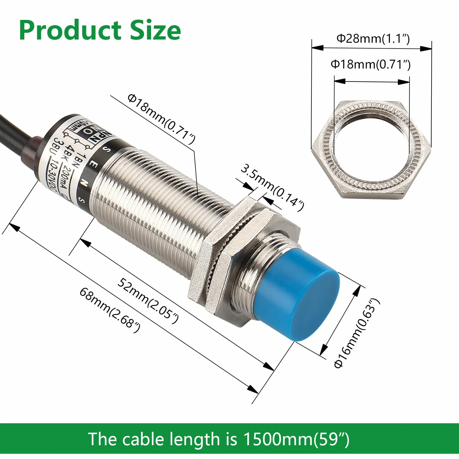 Wengart Przełącznik pojemnościowy czujnika zbliżenia LJC18A3-B-Z,M18,DC10-30V,300mA,10mm Detection Distance,3 Wire (NPN Normally Open)