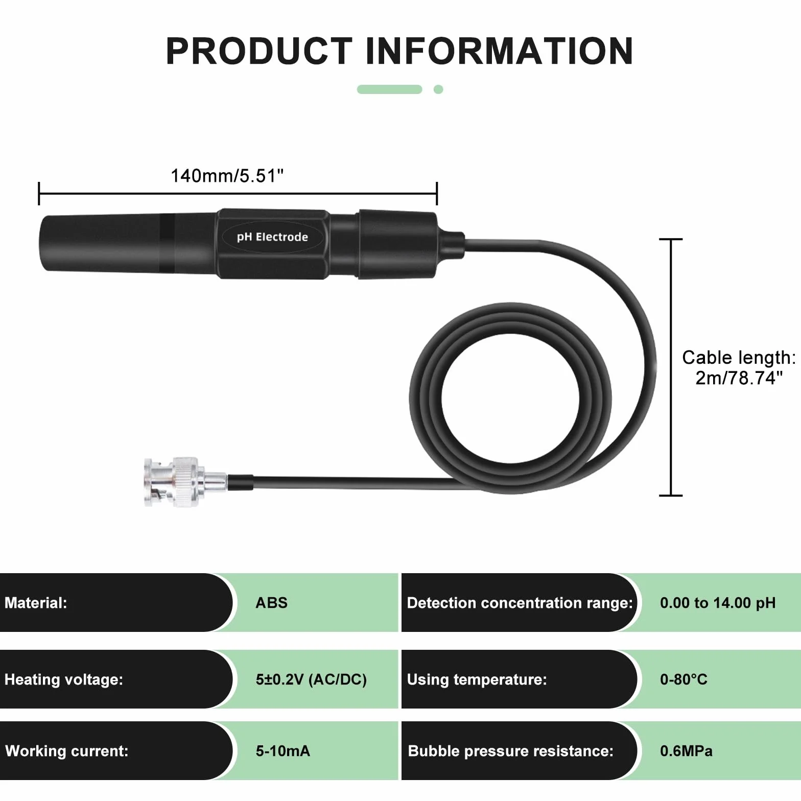 Jadeshay Elektroda sonda PH 0-14PH złącze BNC kabel testowania pH 200 cm