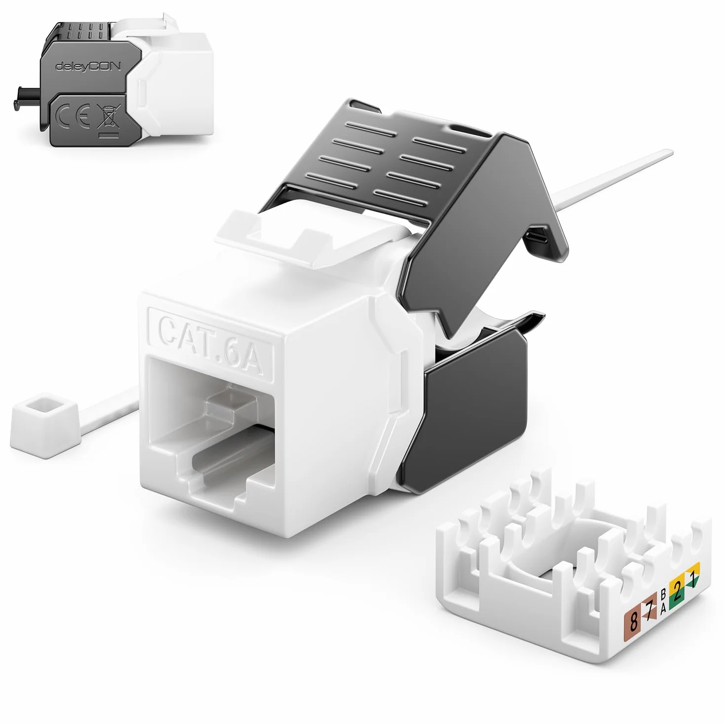deleyCON 8x CAT6a Keystone Jack Moduł RJ45 - Gniazdo RJ45 do Plastikowego Zatrzasku LSA CAT Kabel Surowy 500Mhz 10GBit/s