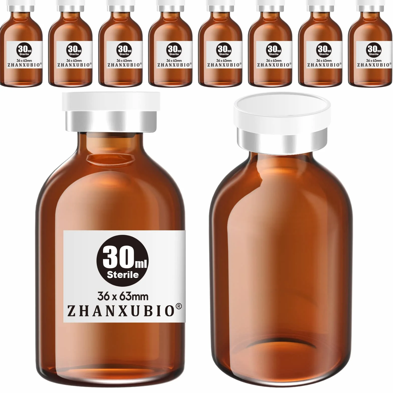 Sterylne puste fiolki 30 ml bursztyn z portem wtryskowym i aluminiową nasadką 10 szt.