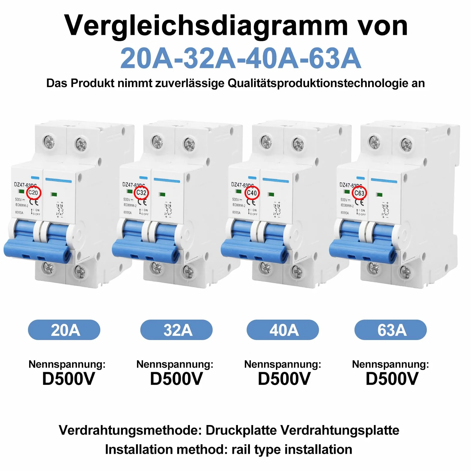 2 sztuki DC wyłącznik PV, 500 V, 20 A, 2-biegunowy, solarny wyłącznik nadmiarowy, wyłącznik bezpieczeństwa do systemów fotowoltaicznych, 35 mm, montaż na szynie DIN