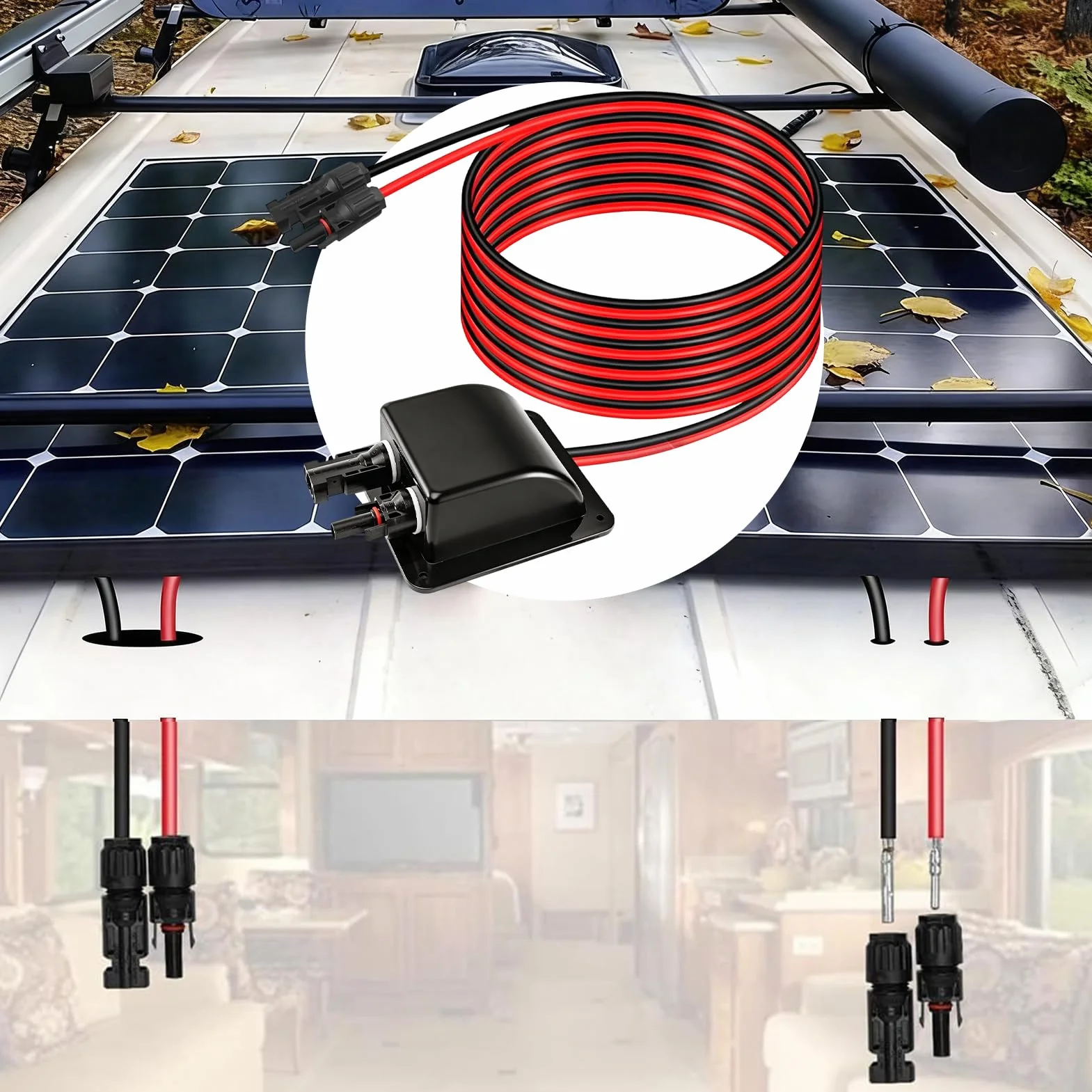 Przepust dachowy na kabel solarny, wodoszczelny, podwójny przepust kablowy z kablem solarnym 2 m, moduły solarne, złącza kablowe, przepust dachowy do kamperów fotowoltaicznych, kamperów