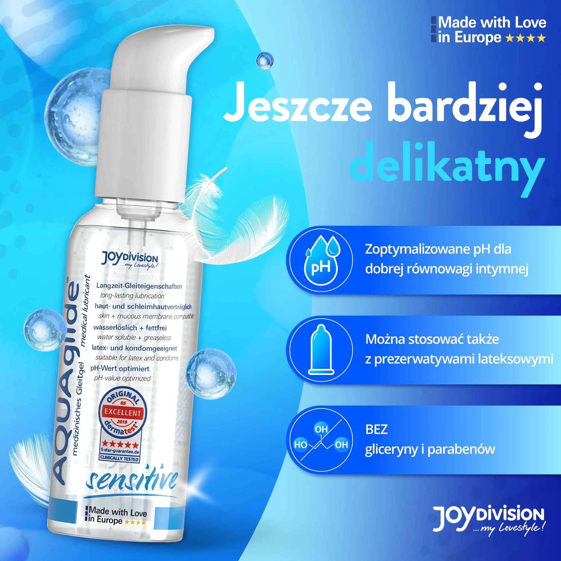 JOYDIVISION Oryginalny lubrykant AQUAglide Sensitive 125 ml, krystalicznie czysty i wegański lubrykant, o zoptymalizowanym pH i kompatybilny z prezerwatywami lateksowymi.