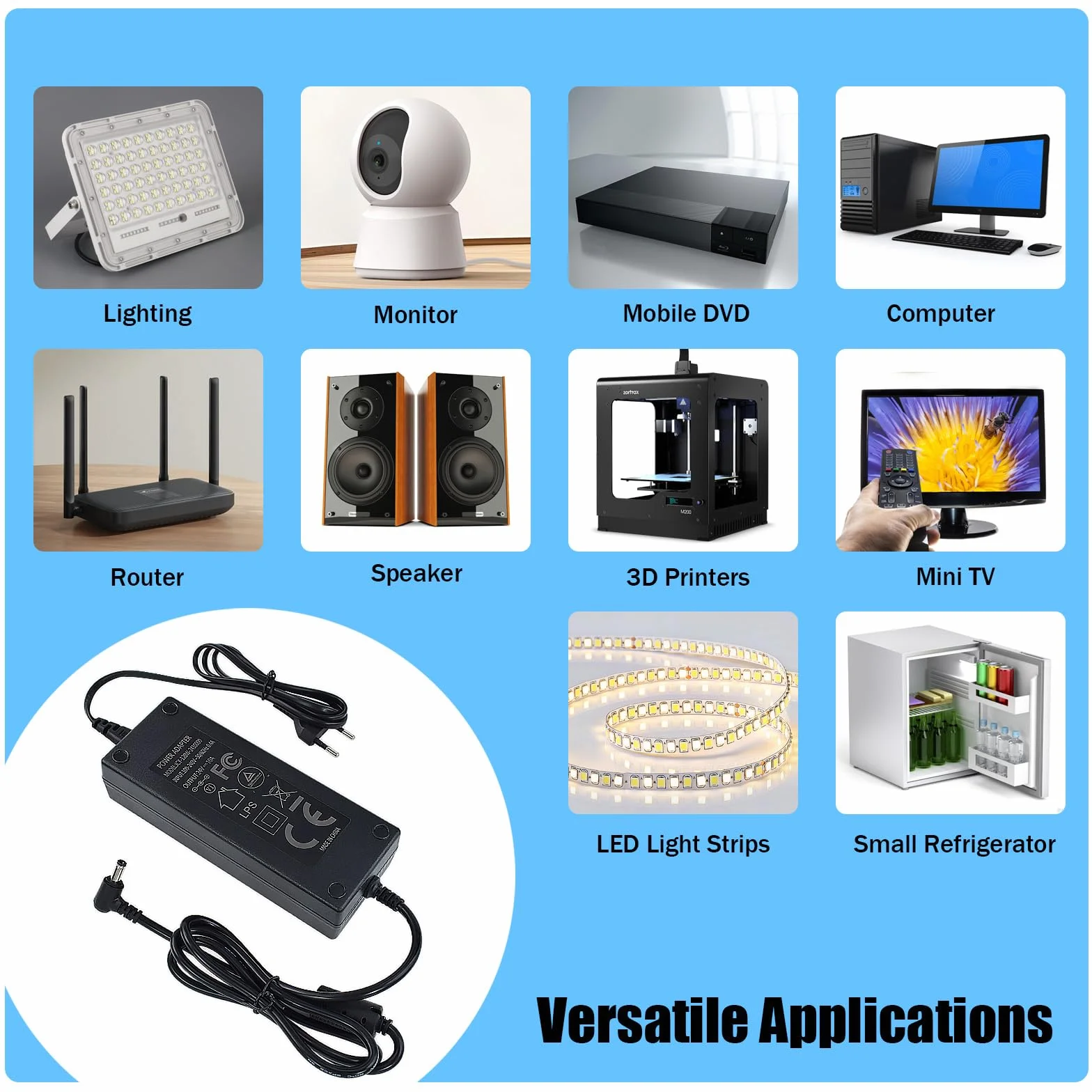 Zasilacz AC 100-240 V na 24 V 8A 192 W transformator adapter sieciowy 5,5 x 2,5 mm DC do taśm LED