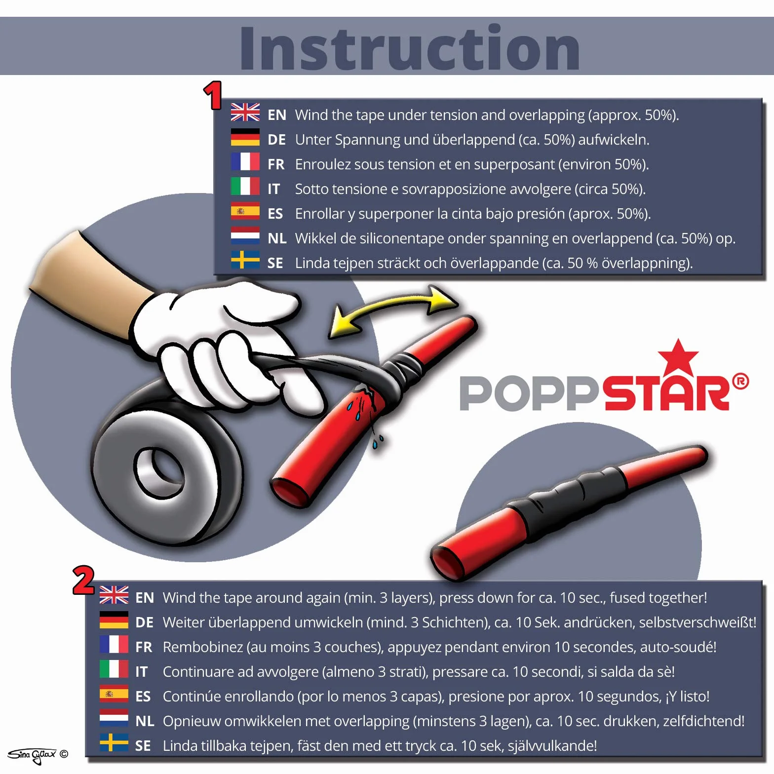 Poppstar samowulkanizująca taśma silikonowa, 3 m x 50 mm, izolacyjna i uszczelniająca (woda, powietrze), niebieska, 1 rolka