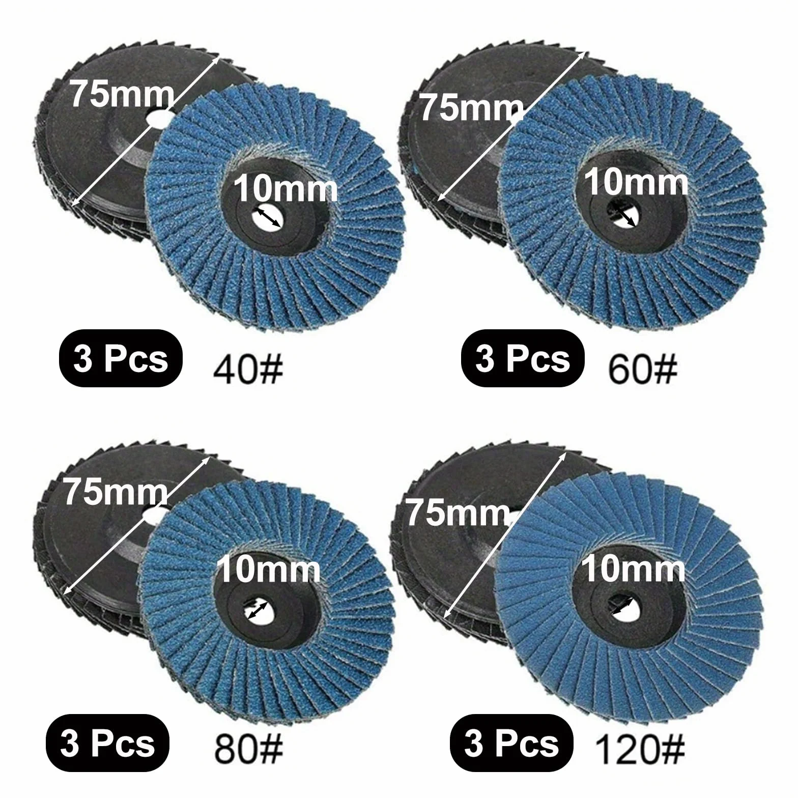 12 sztuk tarcz wachlarzowych, krążków szlifierskich, talerzyków szlifierskich, 75 mm, ziarnistość 40/60/80/120, zestaw lameli do metalu, stali, drewna, tarczy szlifierskiej, mopa szlifierskiego