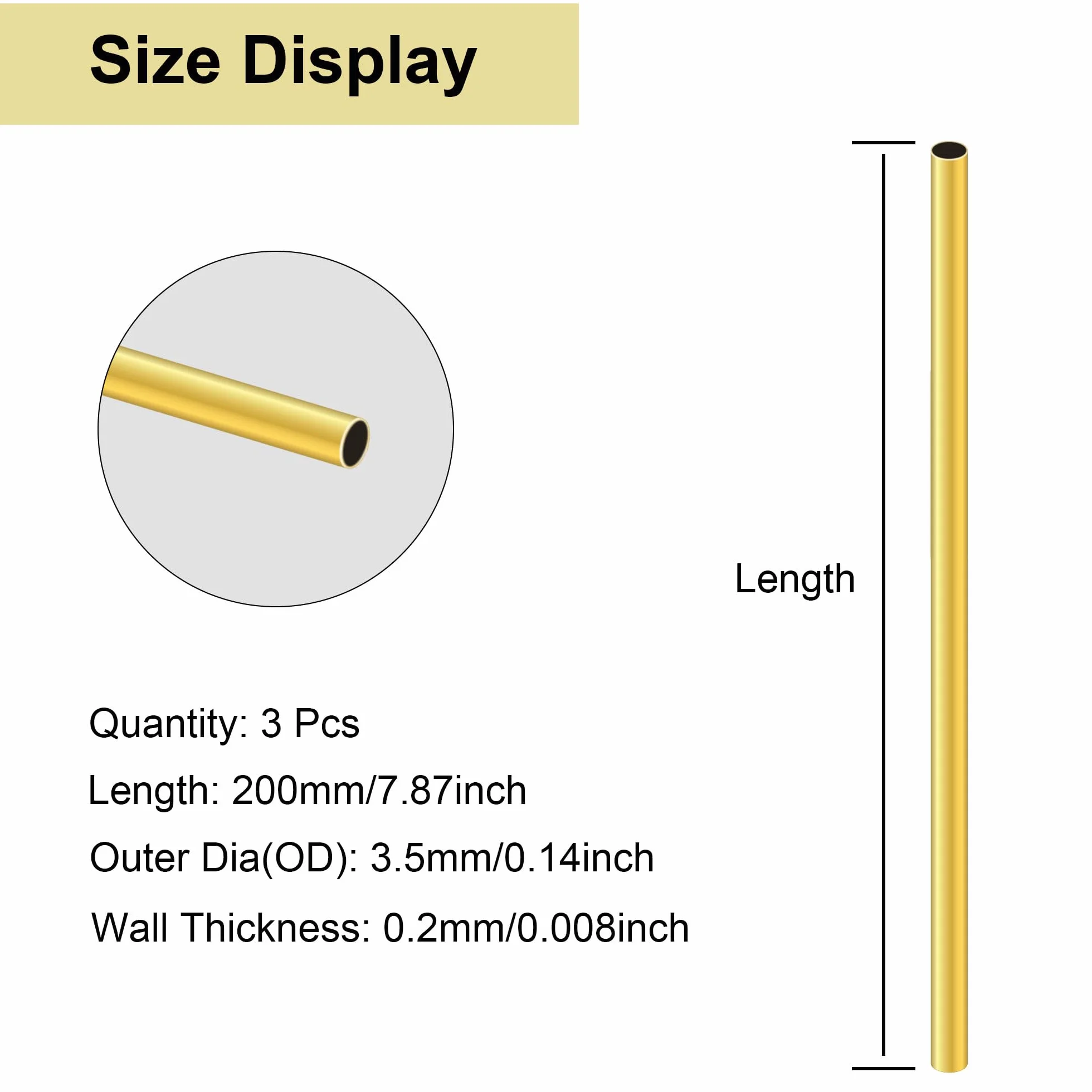 Okrągła mosiężna rurka 3,5 mm OD x 0,2 mm grubość ściany x długość 200 mm, bezszwowe okrągłe rury mosiężne do majsterkowania (3 szt.)