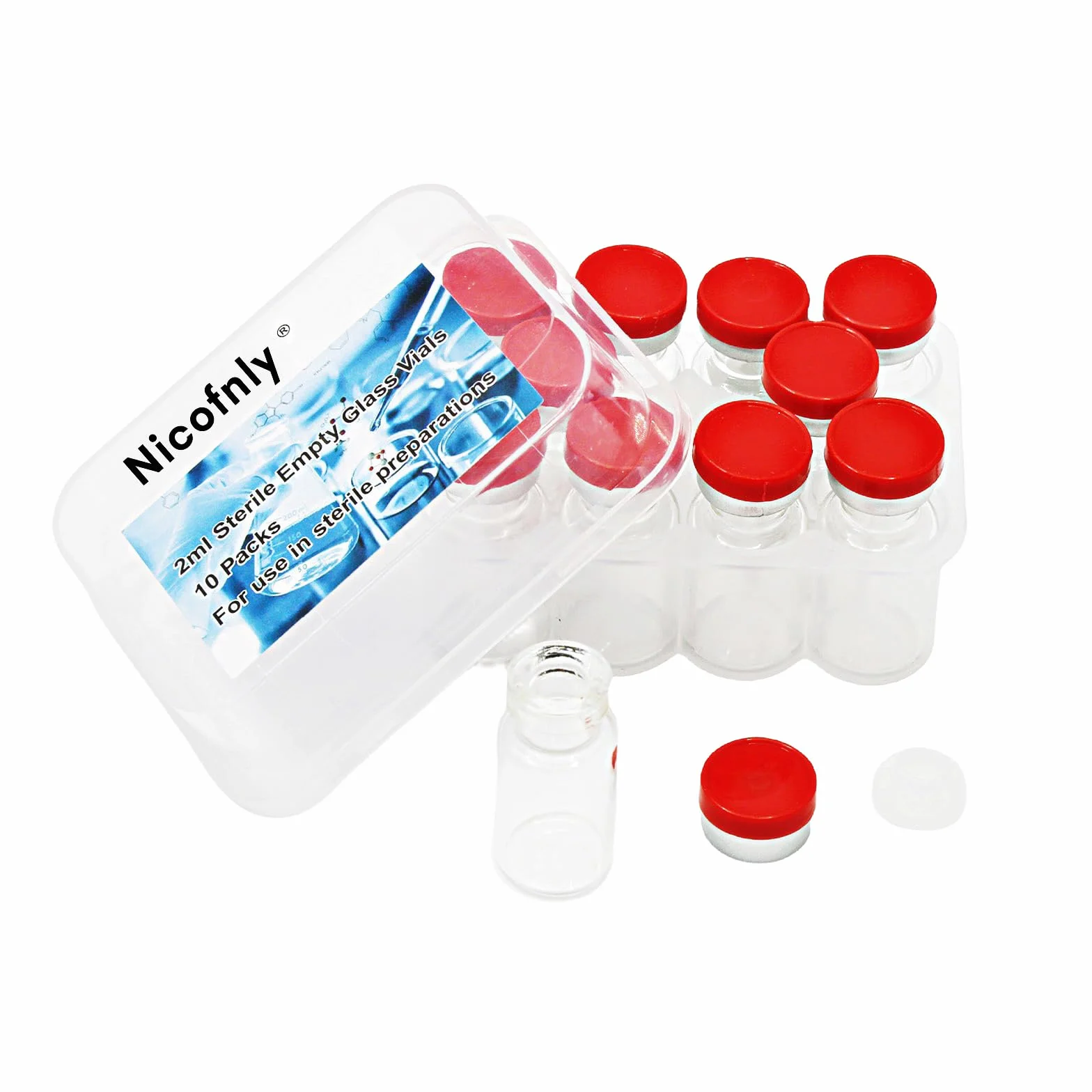 Sterylne ampułki 2 ml – 2 ml sterylna pusta fiolka z samoregenerującym się przyłączem do wstrzykiwań i pokrywką na zawiasach, sterylne, 10 opakowań