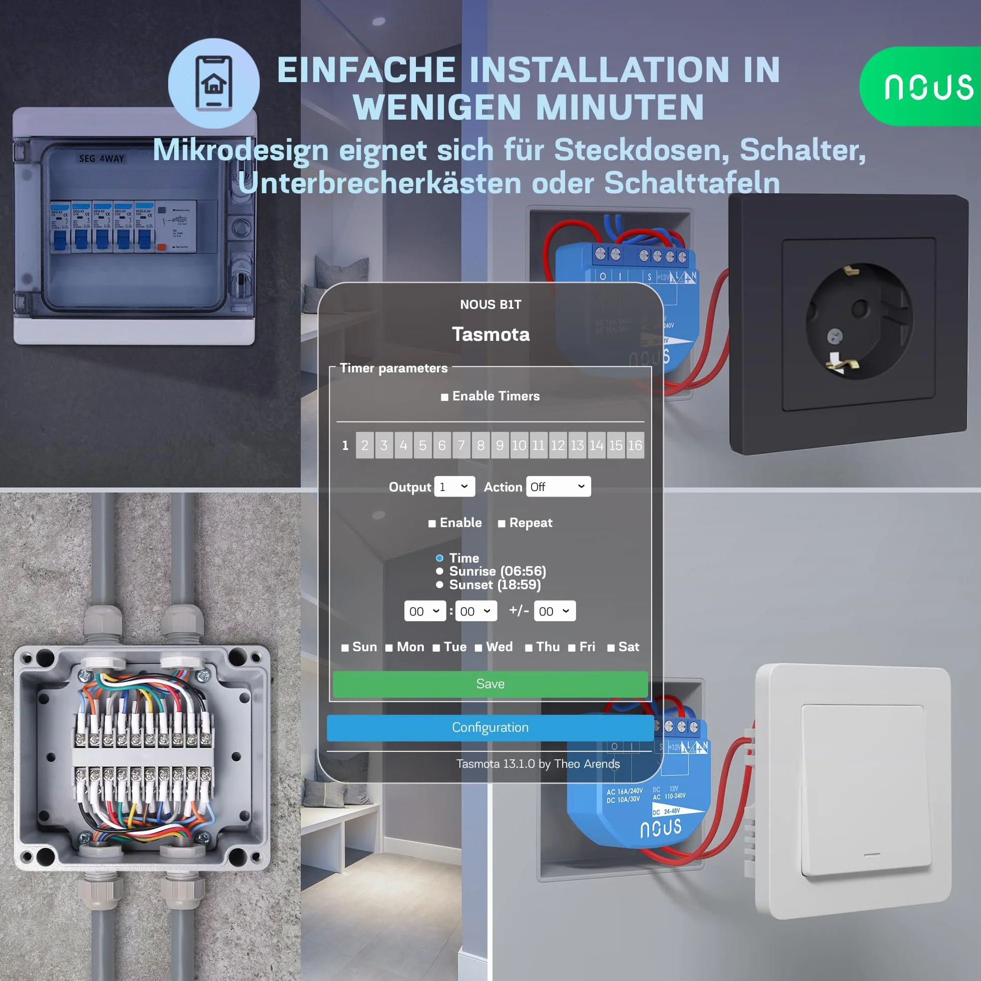 NOUS Moduł WiFi Smart Switch z Tasmota, AC 16A/DC 10A, ESP32, Matter, MQTT, 1 kanał, suche styki