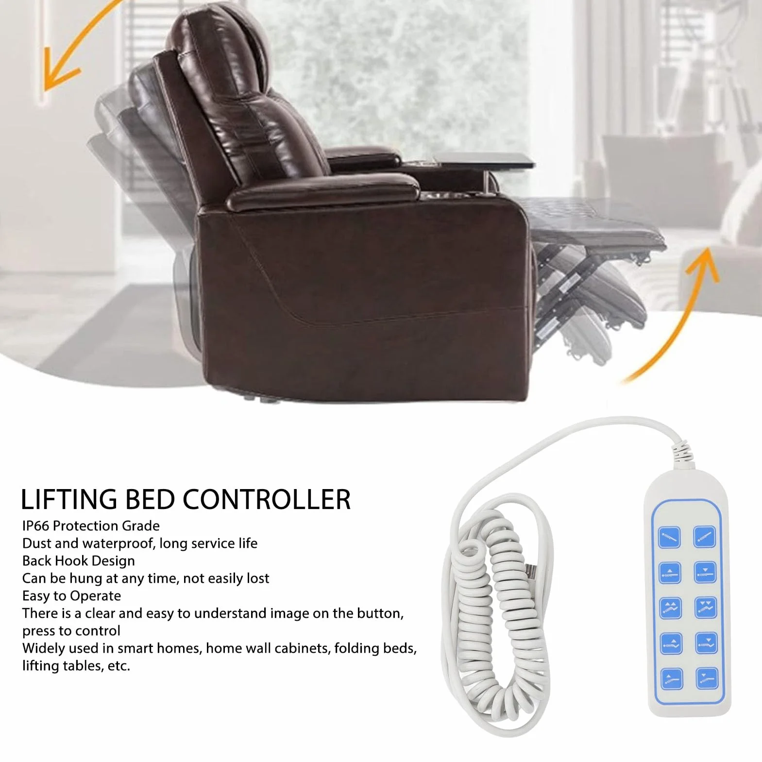 Control para Cama Electrica Telecomando Letto Ręczny Kontroler Krzesła Podnośnikowego IP66 - Elektryczny Pilot z Popychaczem do łóżka Podnoszonego 8-pinowa, 9-żyłowa Wtyczka