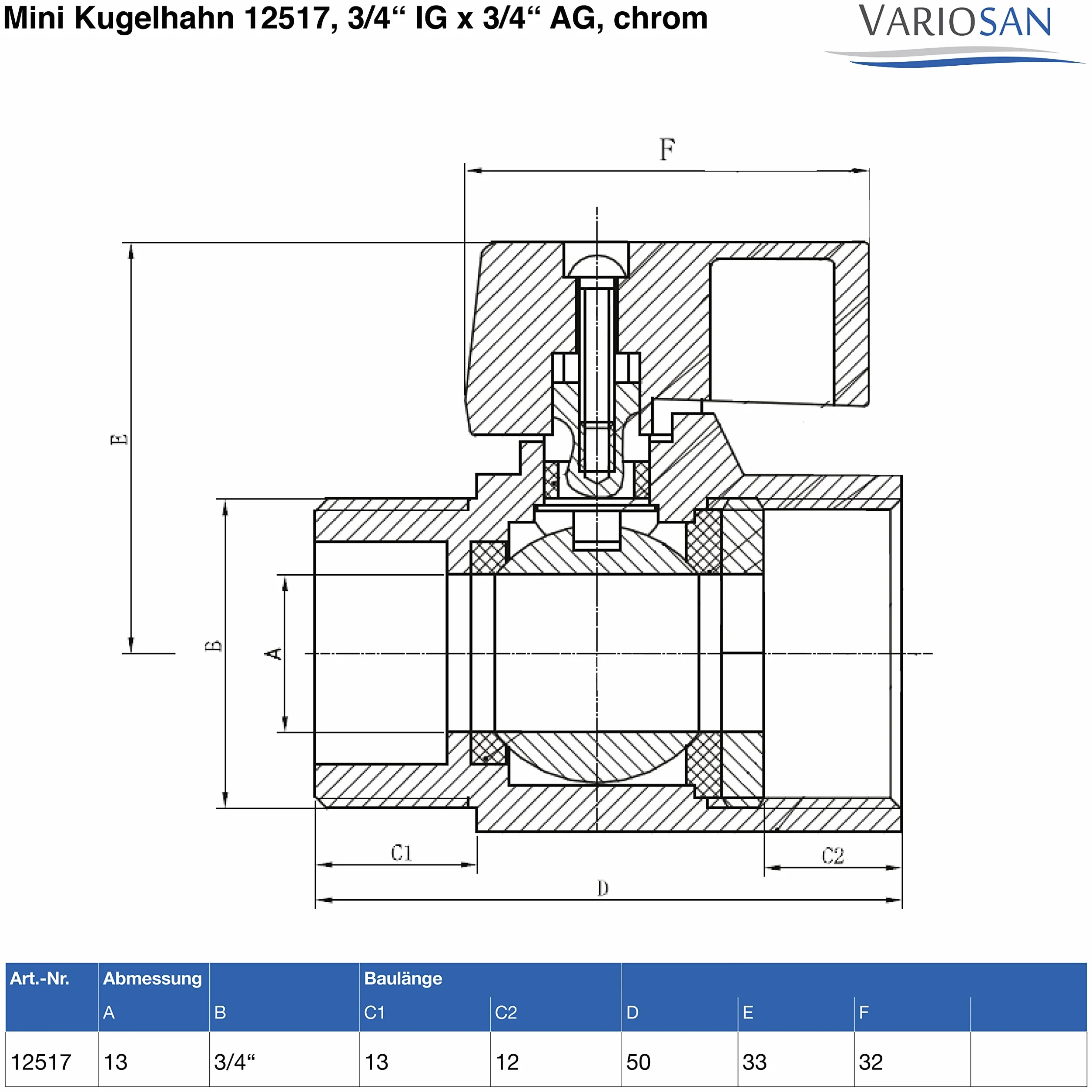 VARIOSAN Mini Kugelhahn 12517, 3/4" IG x 3/4" AG, chrom