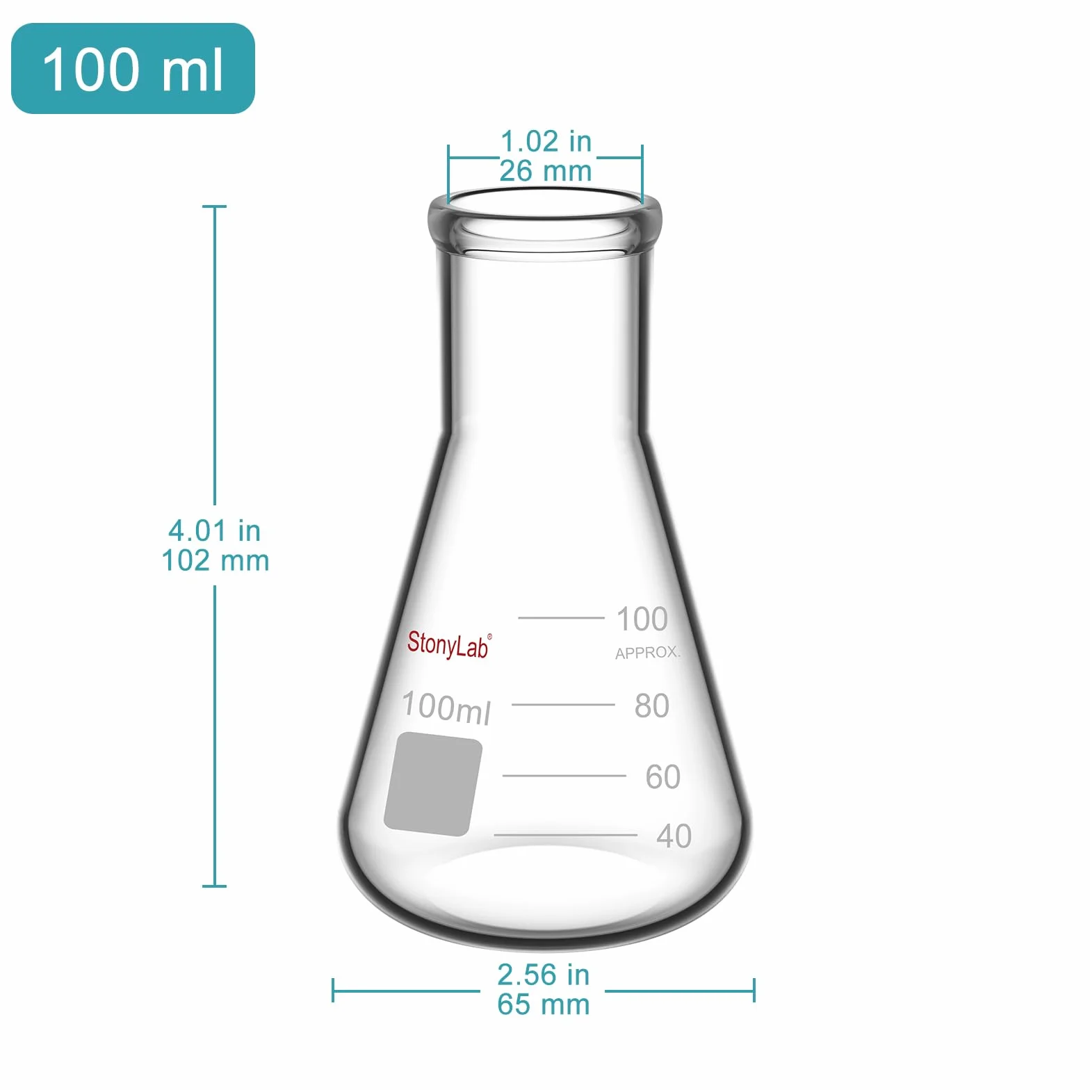 StonyLab 1– (opakowanie szklane 100 ml ciężkie butelki Erlenmeyer z grubą krawędzią – (100 ml pasuje do StonyLab 5 # gumowy stoper)