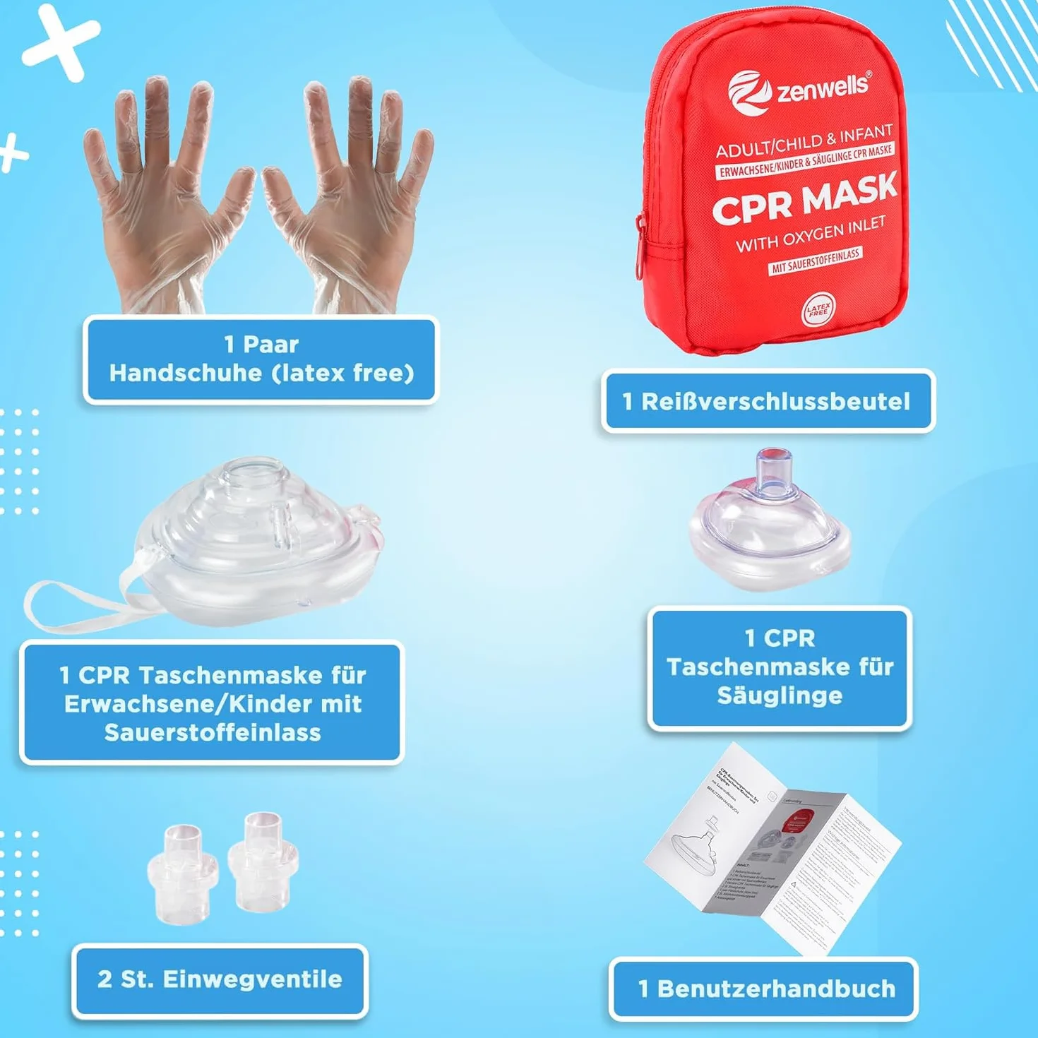 CPR maska do oddychania, zestaw pierwszej pomocy (2 sztuki) dla dorosłych/dzieci i niemowląt – maska kieszonkowa w miękkim etui (czerwona) z zaworem własnym i wlotem tlenu