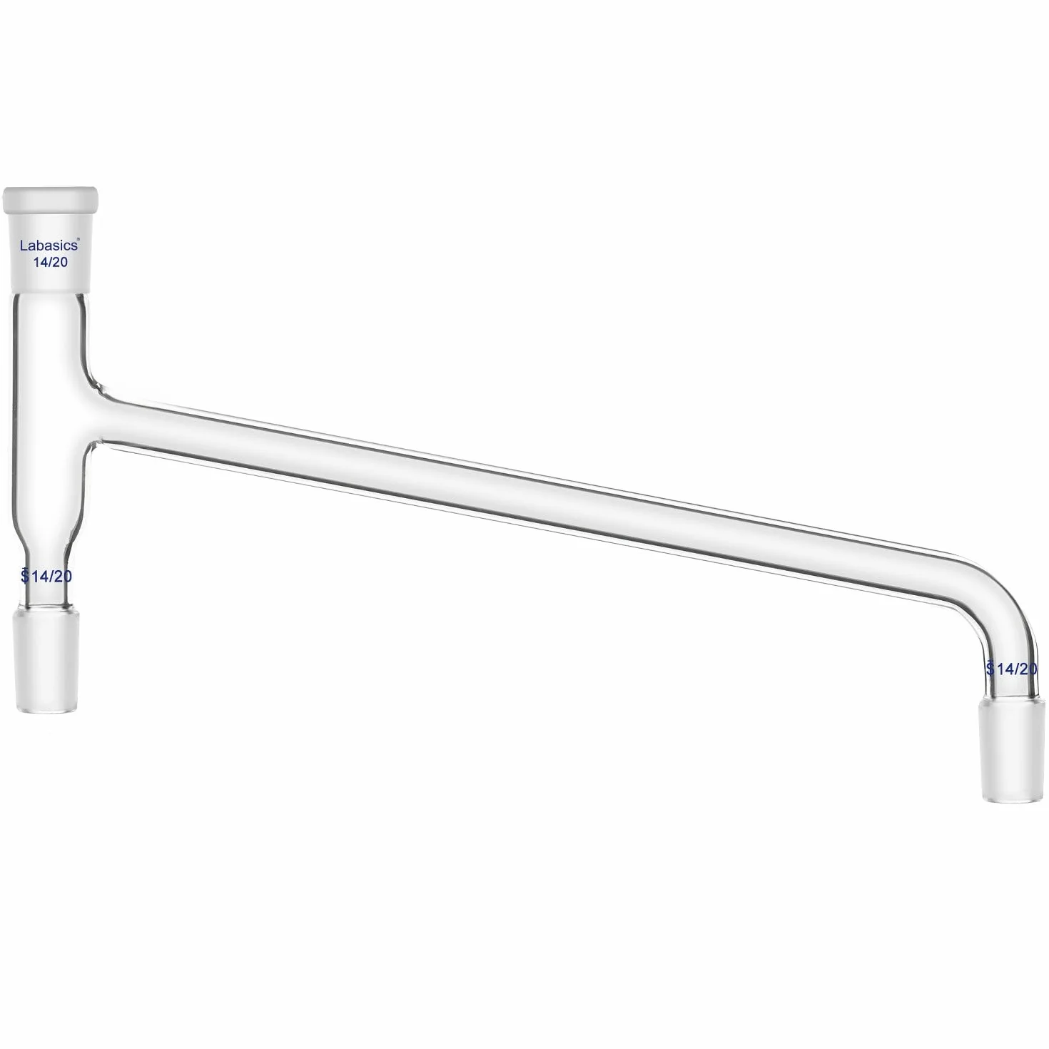 Labasics Szklany adapter do destylacji, szkło borokrzemowe, zakrzywiony 75 stopni, adapter do destylacji, adapter laboratoryjny ze standardowymi połączeniami 14/20 do destylacji