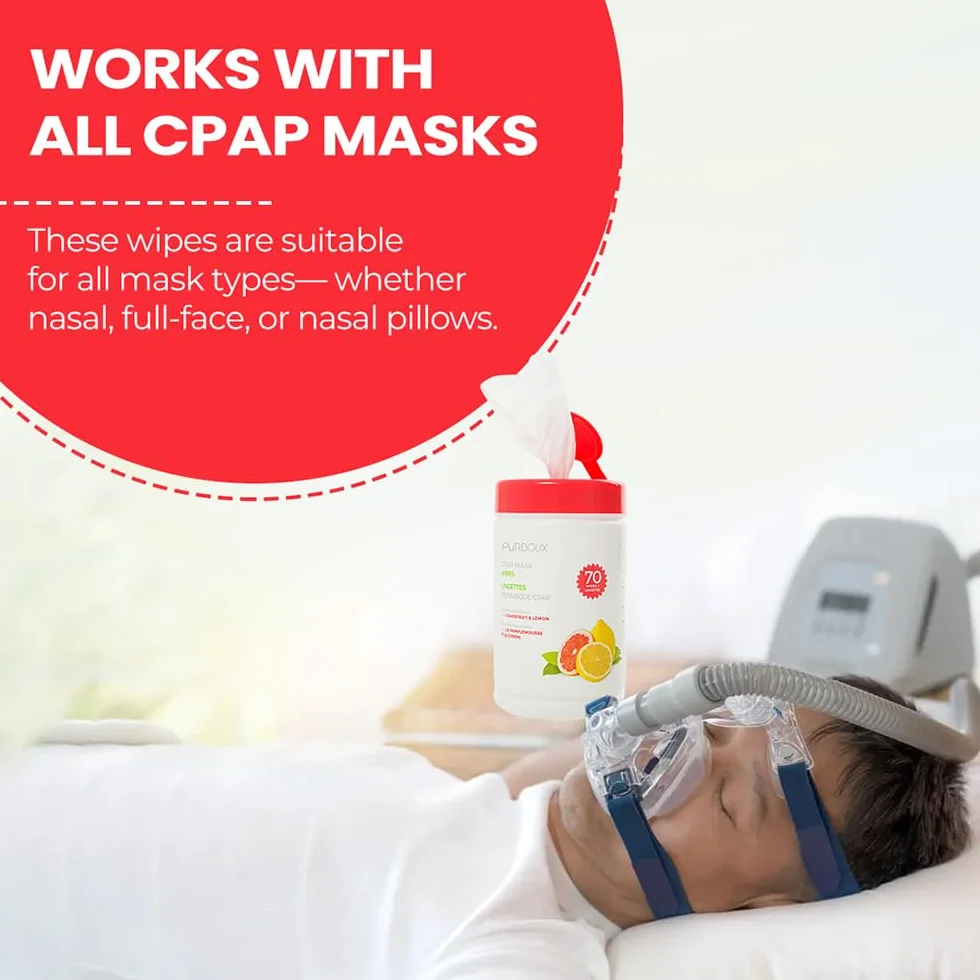 PÜRDOUX ? CPAP mask wipes with grapefruit lemon scent, canister of 70 wet wipes