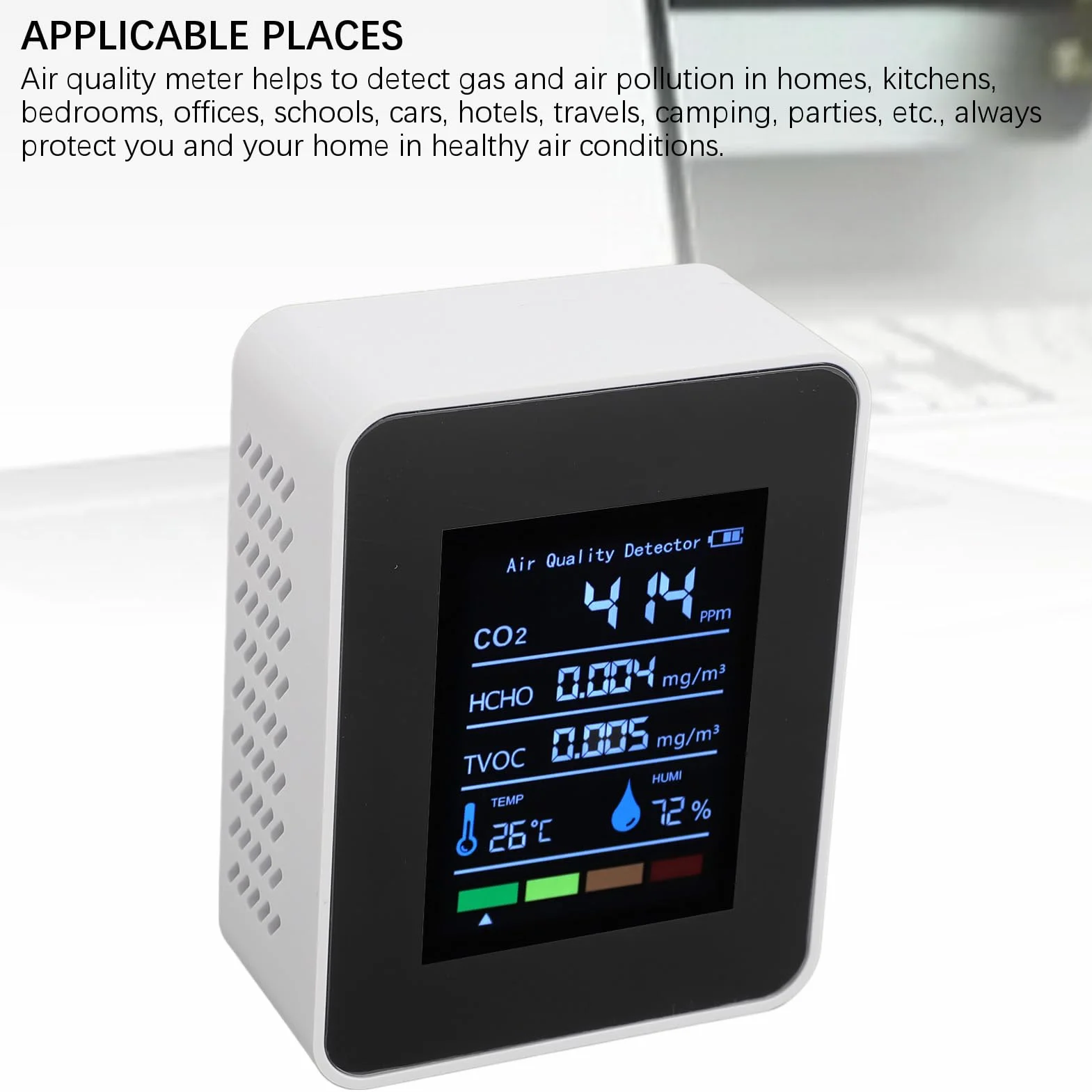 Monitor Jakości Powietrza 5 w 1, Miernik Testowy CO2/HCHO/TVOC/temperatury/wilgotności, Inteligentny Detektor Jakości Powietrza z Wyświetlaczem i baterią 1200 MAh, do Domu, Biura