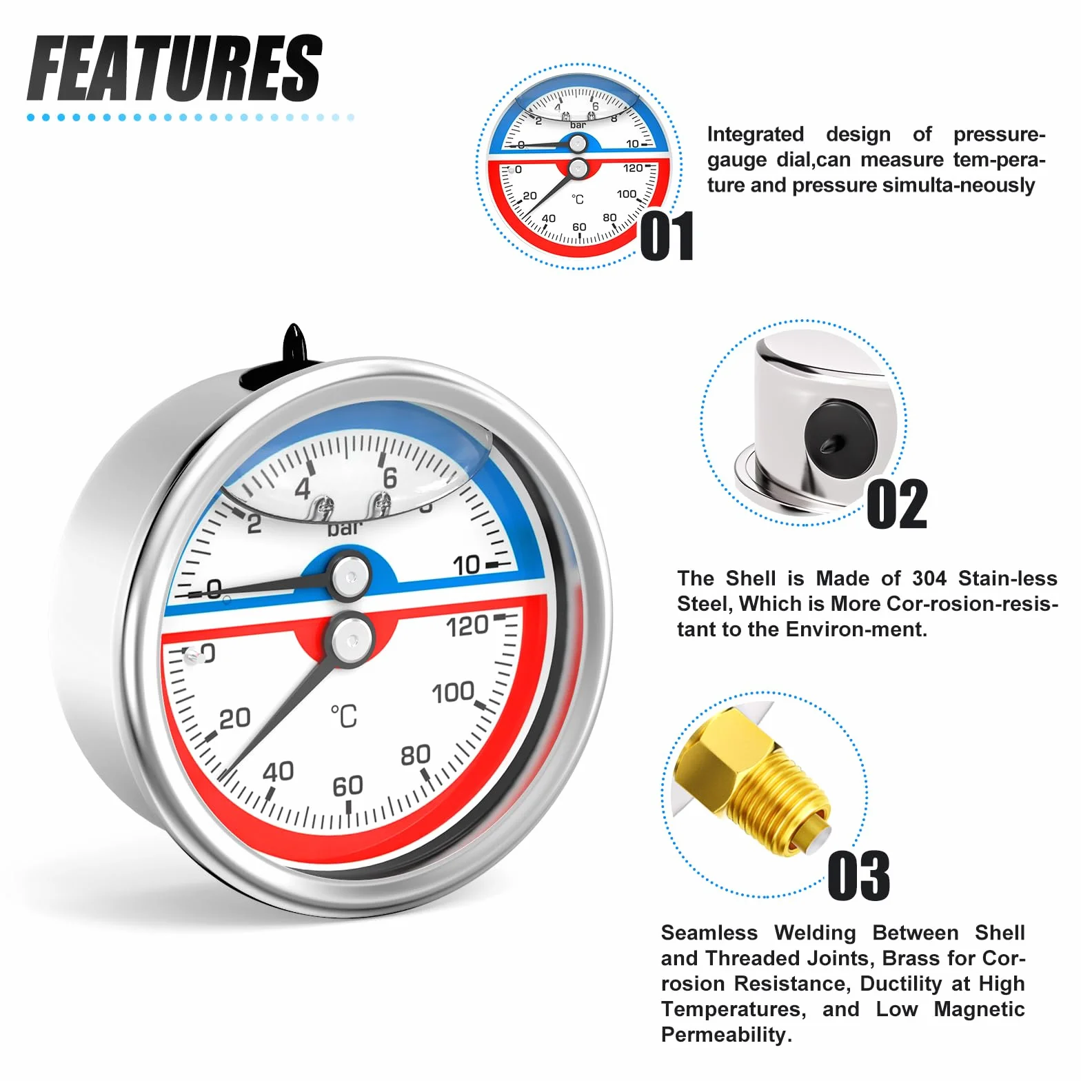 MEANLIN MEASURE ciśnieniomierz ze stali nierdzewnej 0~10 BAR/150 PSI 0~120℃ 1/4" BSP 2,5" FACE DIAL