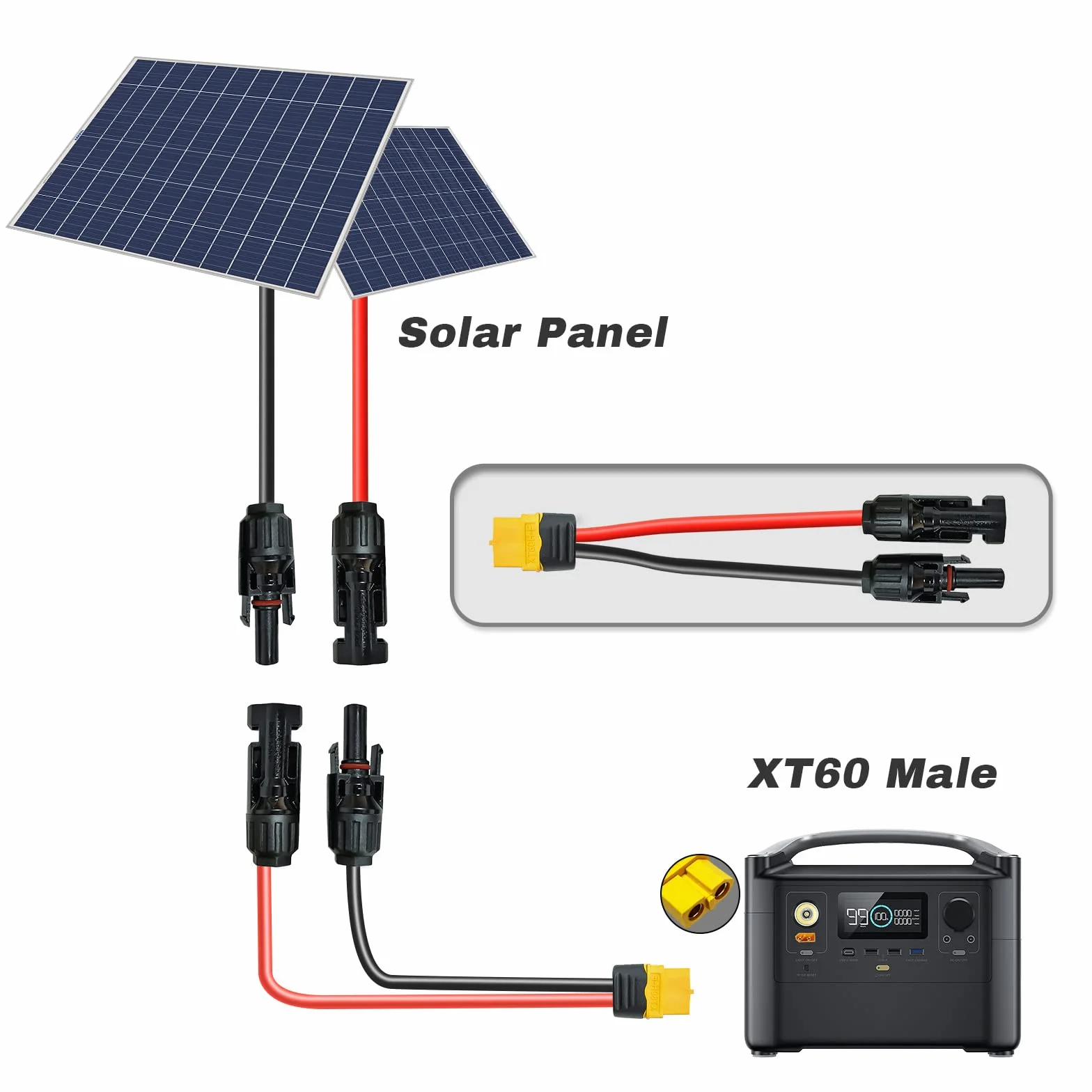 Solarny kabel do ładowania 0,6 m/3 m, wtyczka solarna na wtyk XT60, adapter do panelu słonecznego, do EF DELTA 2 i River Pro MAX Powerstation 757 Powerhouse Solar Generator (3 m)