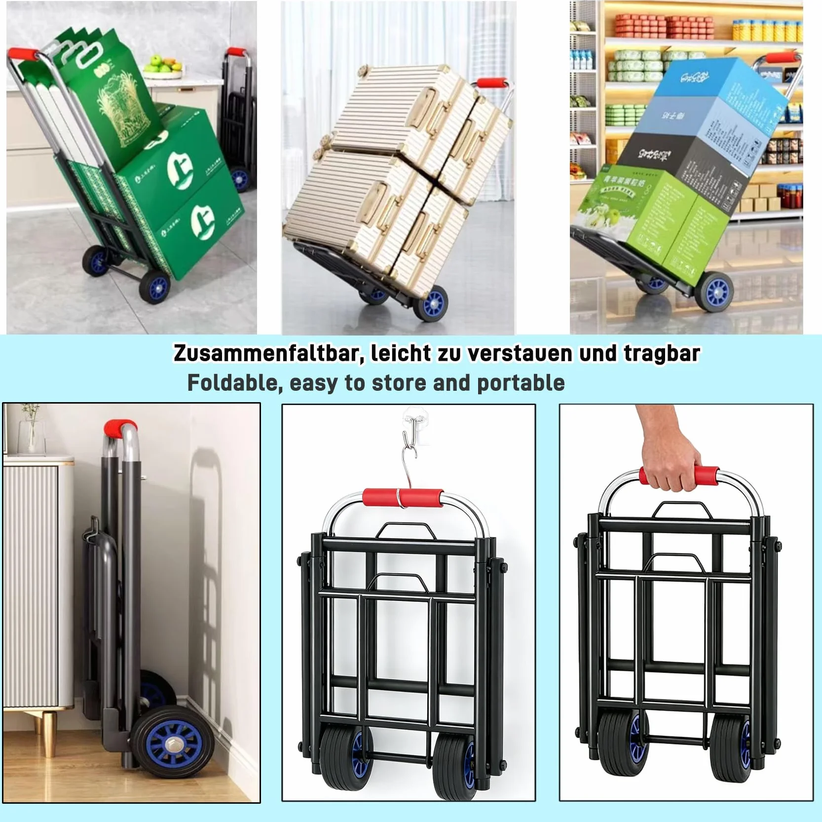 Składany wózek transportowy ze stali nierdzewnej z regulacją wysokości 69-103 cm, udźwig 80 kg, gumowe koła 10 cm