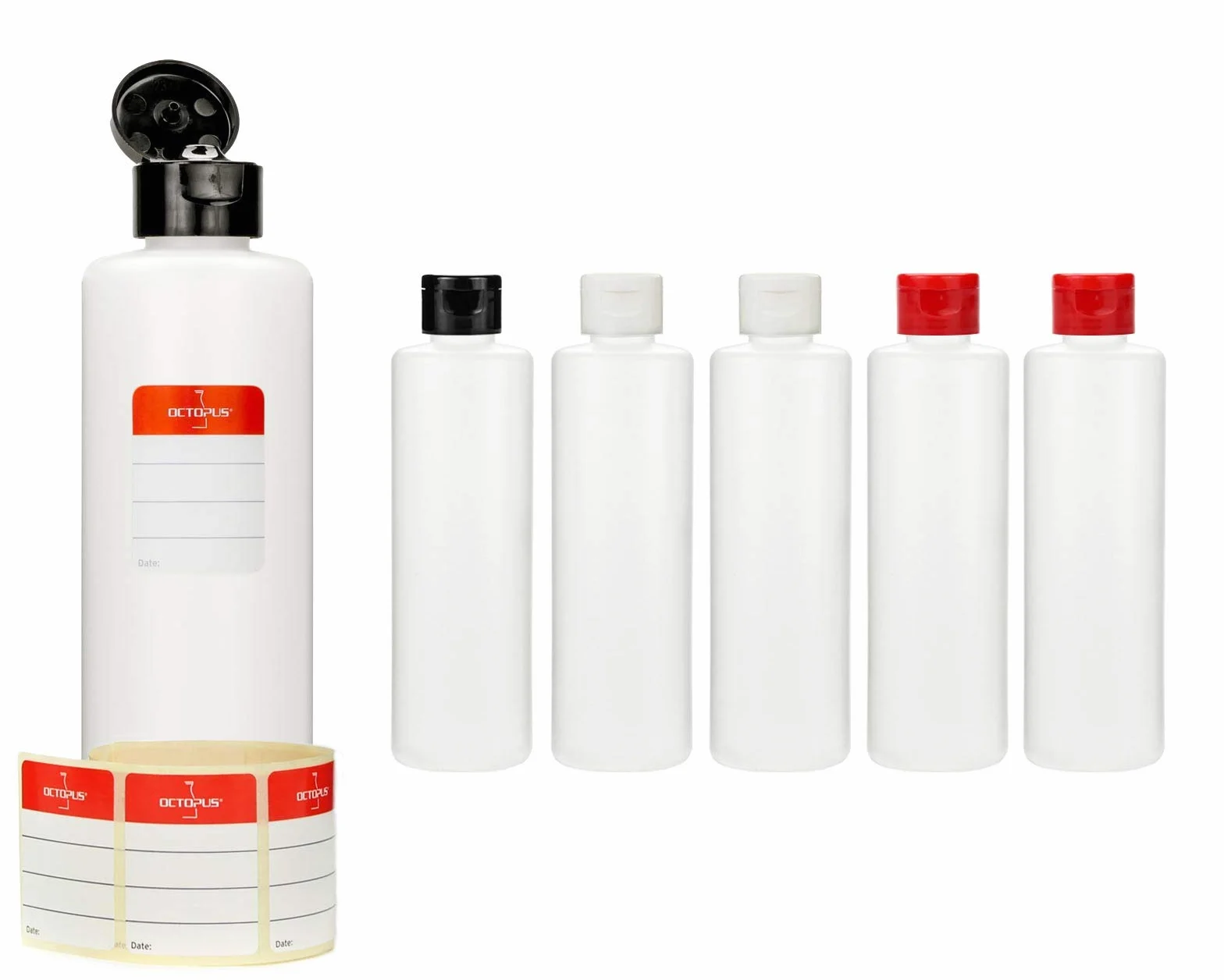 Octopus butelki plastikowe HDPE 6 x 250 ml z kolorowym zamknięciem składanym