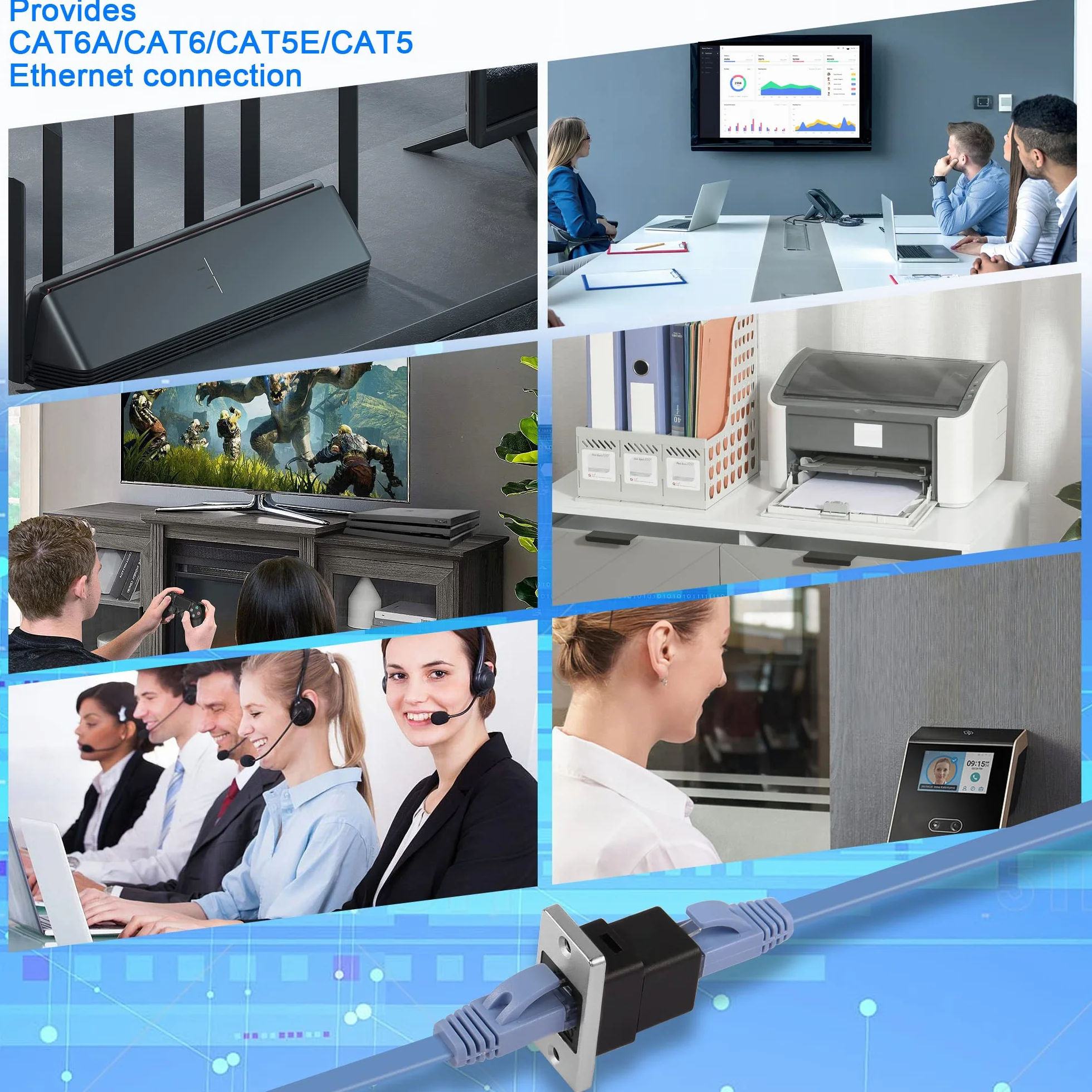 QIANRENON RJ45 Prostokątny panel sieciowy Cat6A żeński na żeński Ethernet złącze do montażu na gniazdku, do ścian urządzeń stacjonarnych