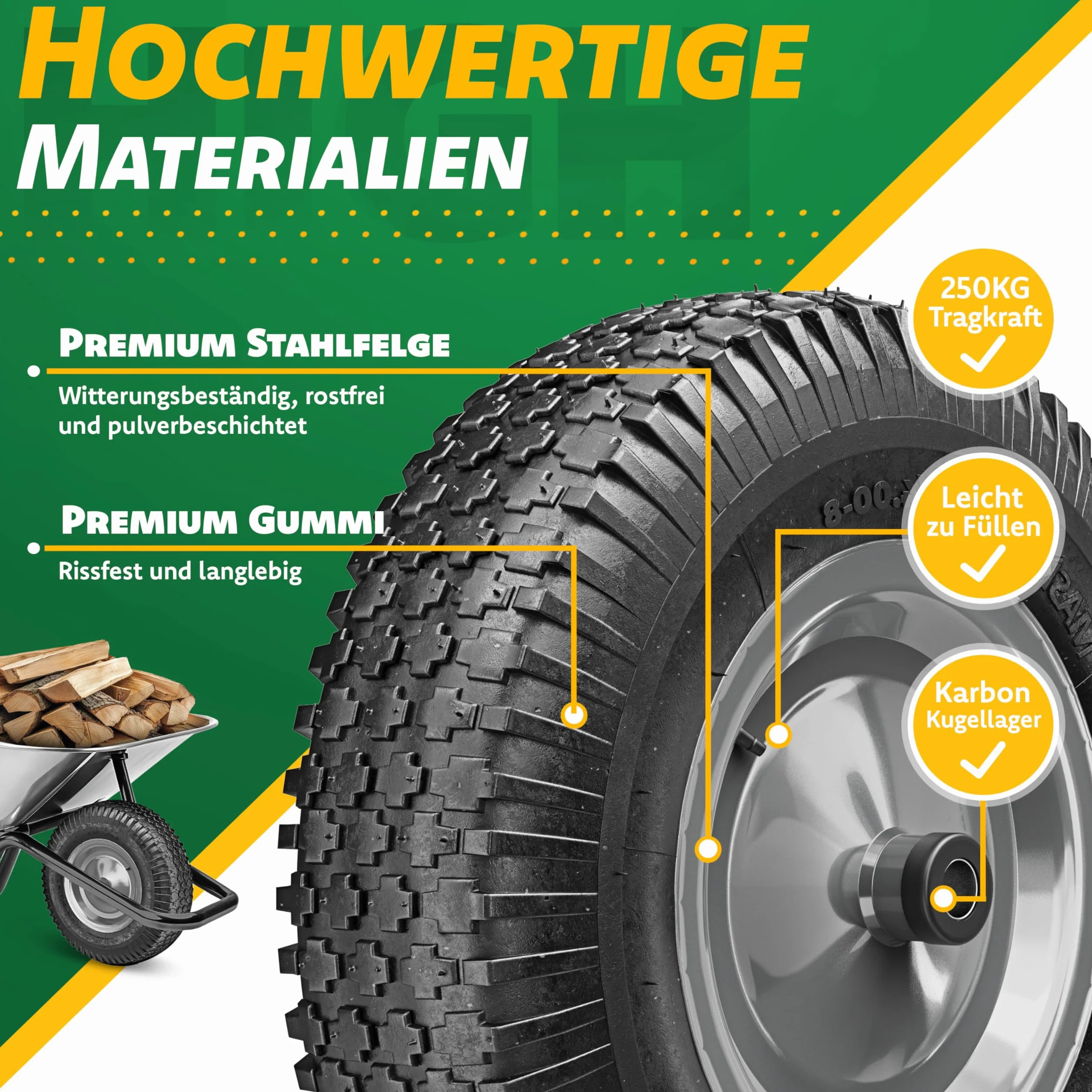 MASKO® Koło do taczki, ogumienie pneumatyczne, 250 kg, koło zapasowe, opony pneumatyczne, taczka ogrodowa 40 cm / 15,6", bardzo szerokie, 9,5 cm, koło pneumatyczne, odporne na przebicie opony z felgą