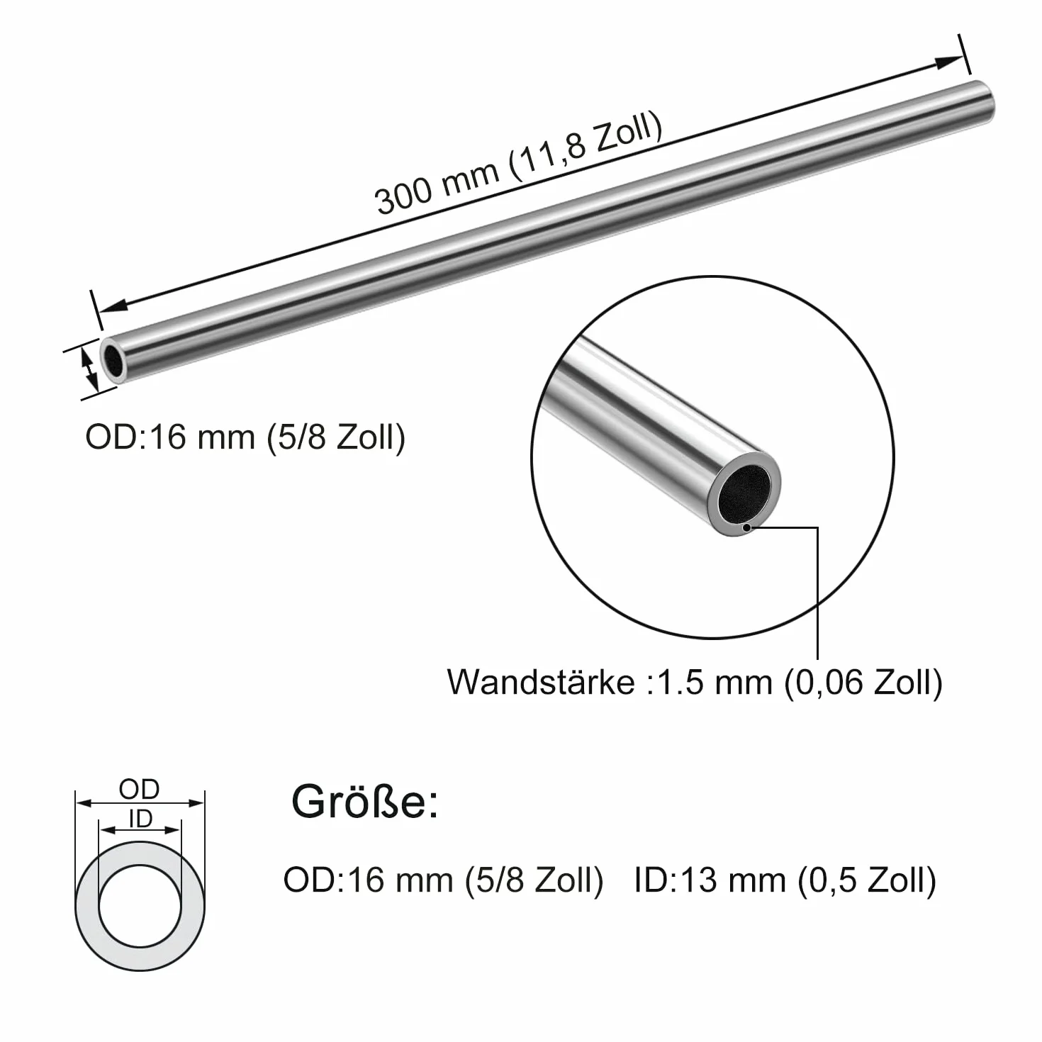 Rura ze stali nierdzewnej Ø 16 mm (1/2") KWOKWEI 3 sztuki, szlifowana, okrągła rura ze stali nierdzewnej V2A, długość 300 mm, nierdzewna stal nierdzewna, balustrada, rura okrągła do przemysłowego