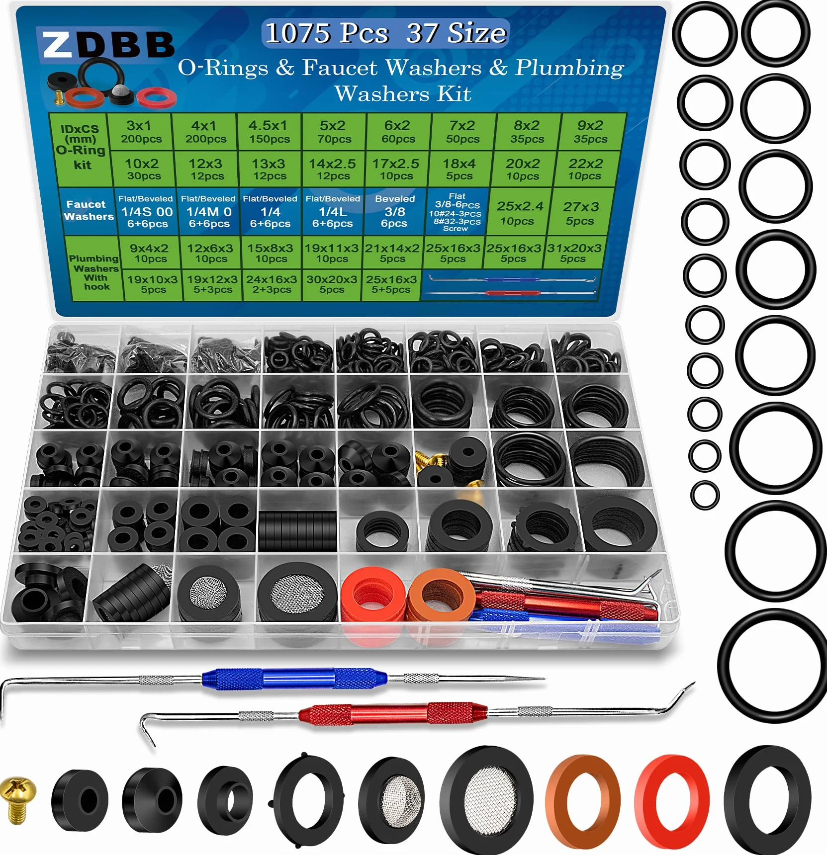 ZDBB 37 rozmiarów 3 w 1 Zestaw naprawczy Czop Uszczelki do węża i O-ring 1075 sztuk uniwersalna guma hydrauliczna kran kuchenny wąż powietrza