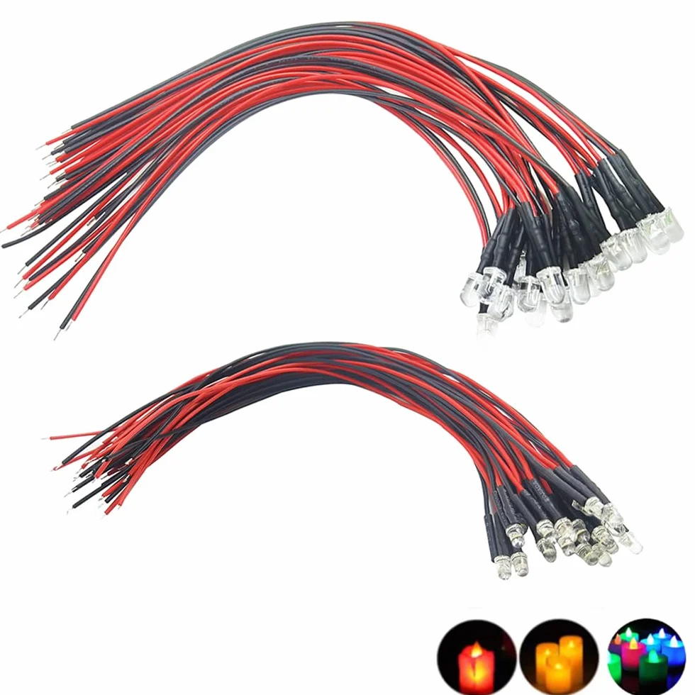 35 sztuk (7 kolorów x 5 sztuk) 3 mm świecowe diody LED świecowe LED Pre Wired 7,9 cala DC 9-12 V zestaw lamp emitujących różne kolory ciepła biel czerwony żółty zielony niebieski pomarańczowy