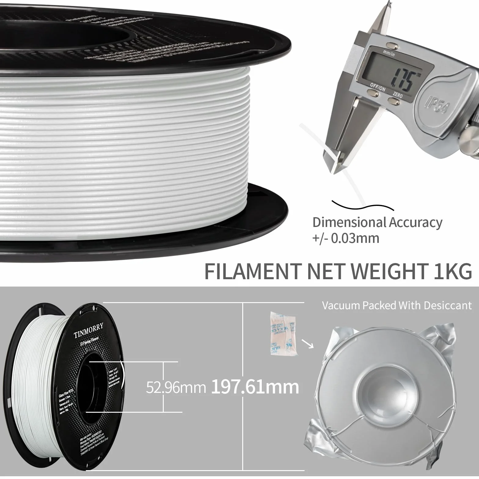 Glasfaser PETG Filament 1.75mm matt, 3D Druck Filament, kompatibel mit Bambu Lab FDM 3D Drucker, 1 KG Frosted Weiß