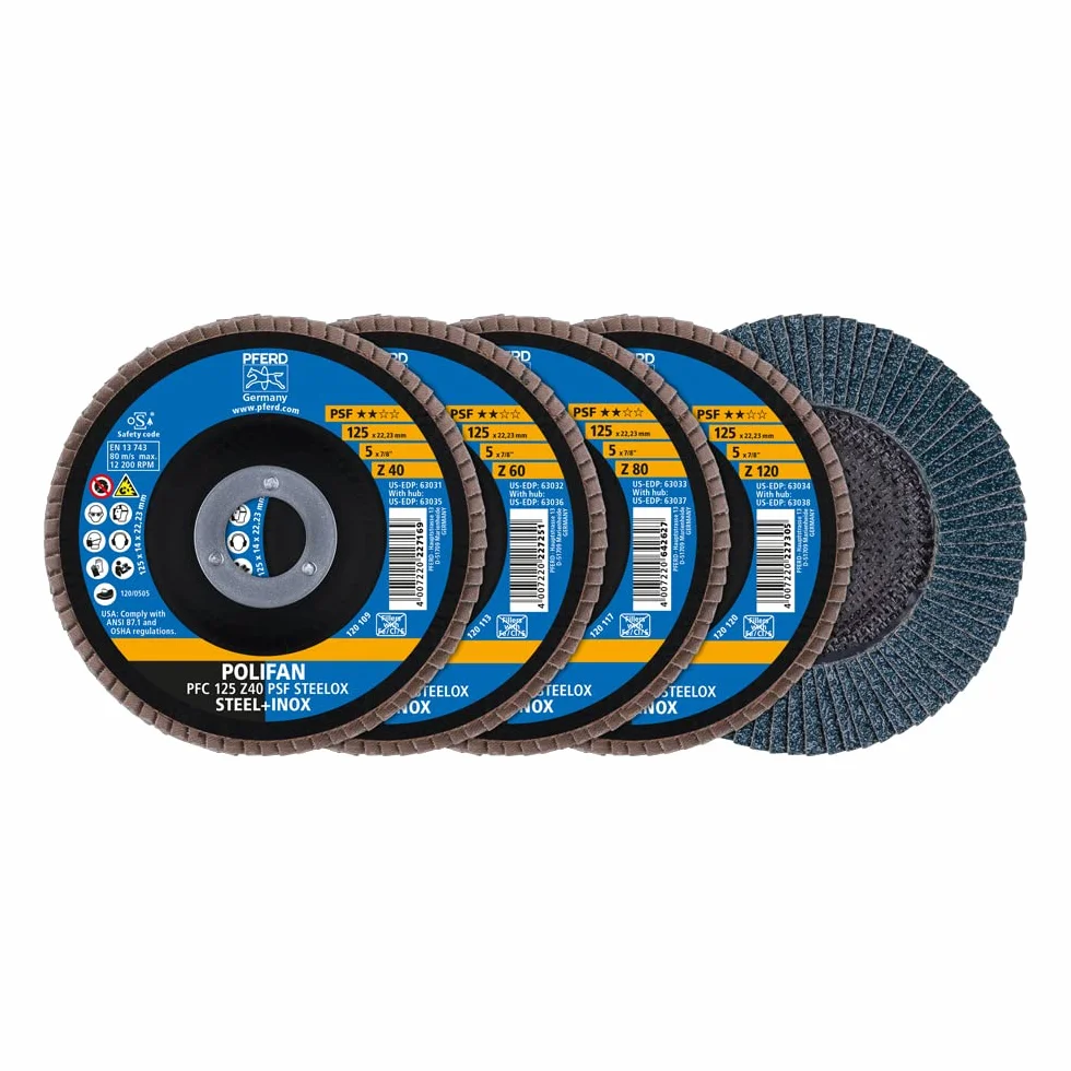 PFERD Zestaw tarcz wachlarzowych, 4-częściowy, 4 x POLIFAN 125 x 22,23 mm, stożkowe, Z40, Z60, Z80, Z120, uniwersalne PSF STEELOX | 69198300 - do stali i stali nierdzewnej (INOX)