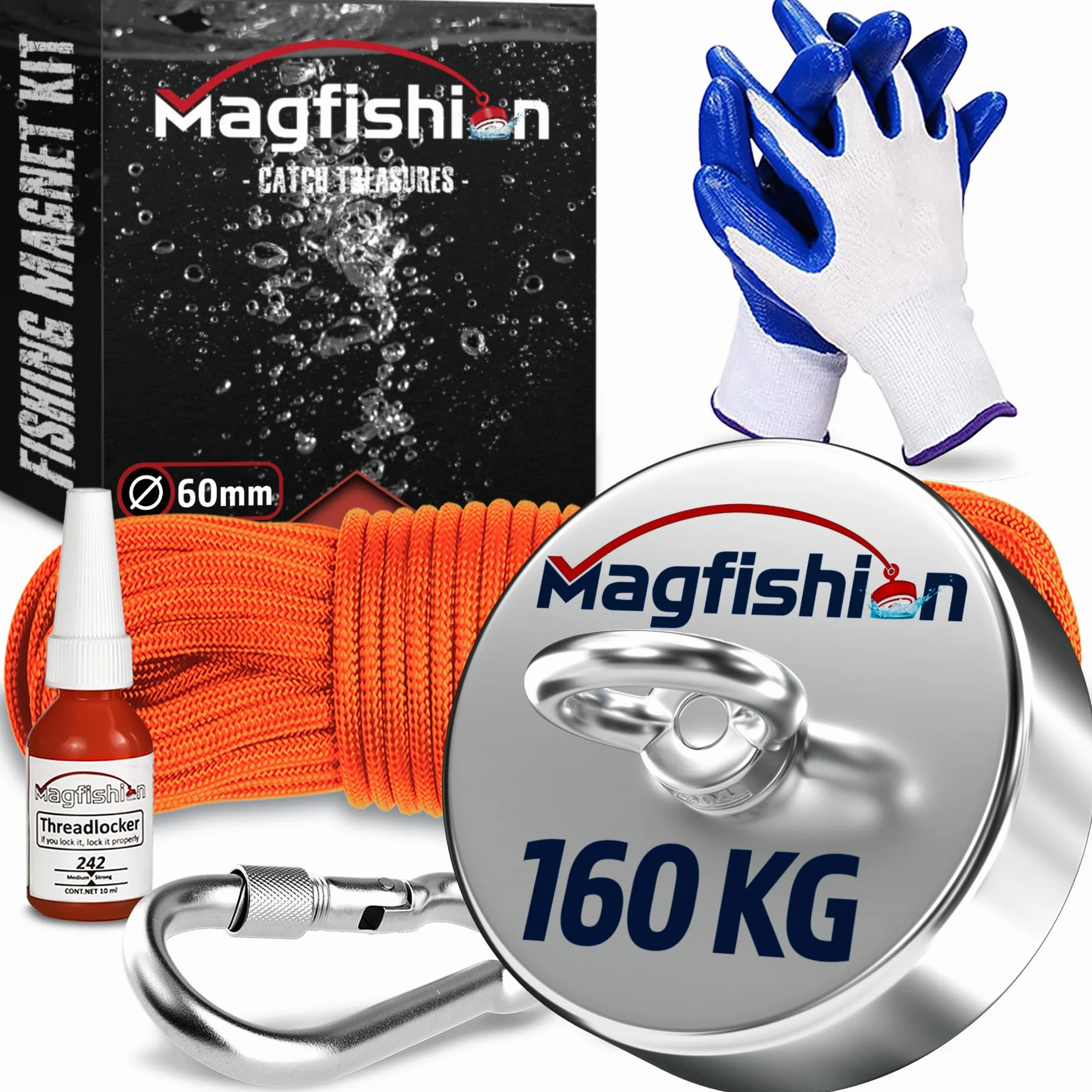 MAGFISHION Zestaw do Magnetycznego Wędkarstwa - Siła Przyciągania 160KG - Ø60mm - Magnes Neodymowy - Idealny do Magnetycznego Wędkarstwa - Z Ciemnopomarańczową Liną (20M) & Rękawice - Magnes Ryba