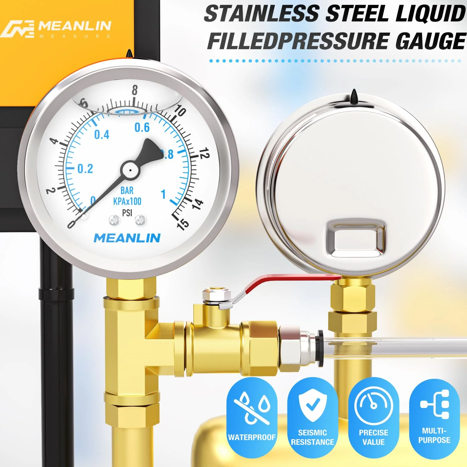 MEANLIN MEASURE 0~1BAR/15PSI Manometr wypełniony cieczą,Stal nierdzewna 1/4" BSP 2.5"DIAL,WOG Woda Olej Powietrza Dolny uchwyt, z 1/4" x 1/2"BSP i 1/4" x 3/8"BSP Piasta sześciokątna