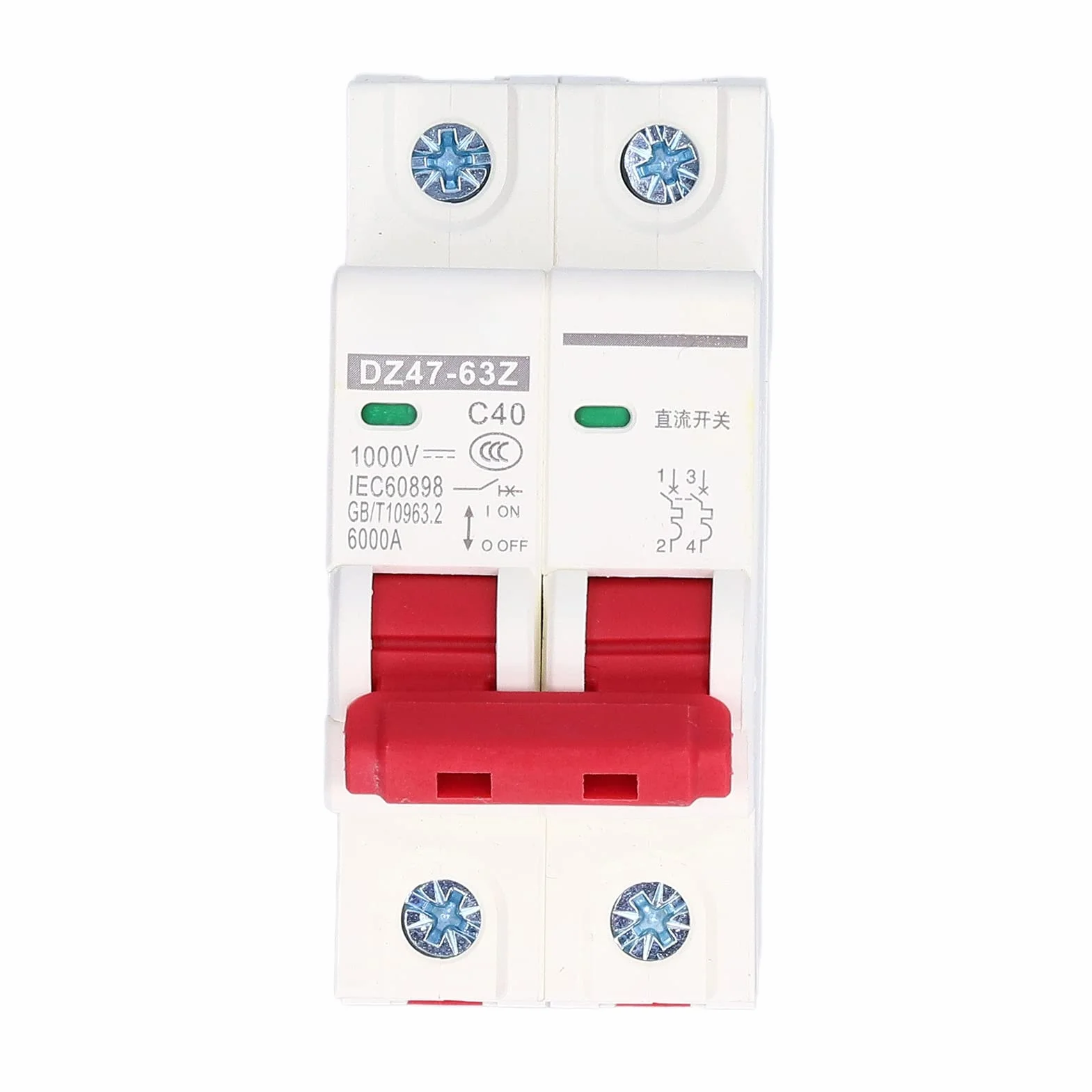 Wyłącznik ochrony linii DC, Rozłącznik DC DZ47-63Z-2P 1000V 40A do systemów fotowoltaicznych, Wyzwalanie termiczno-magnetyczne, Montaż na szynie DIN 35 mm, Wyłącznik PV, Rozłącznik instalacji solarnej